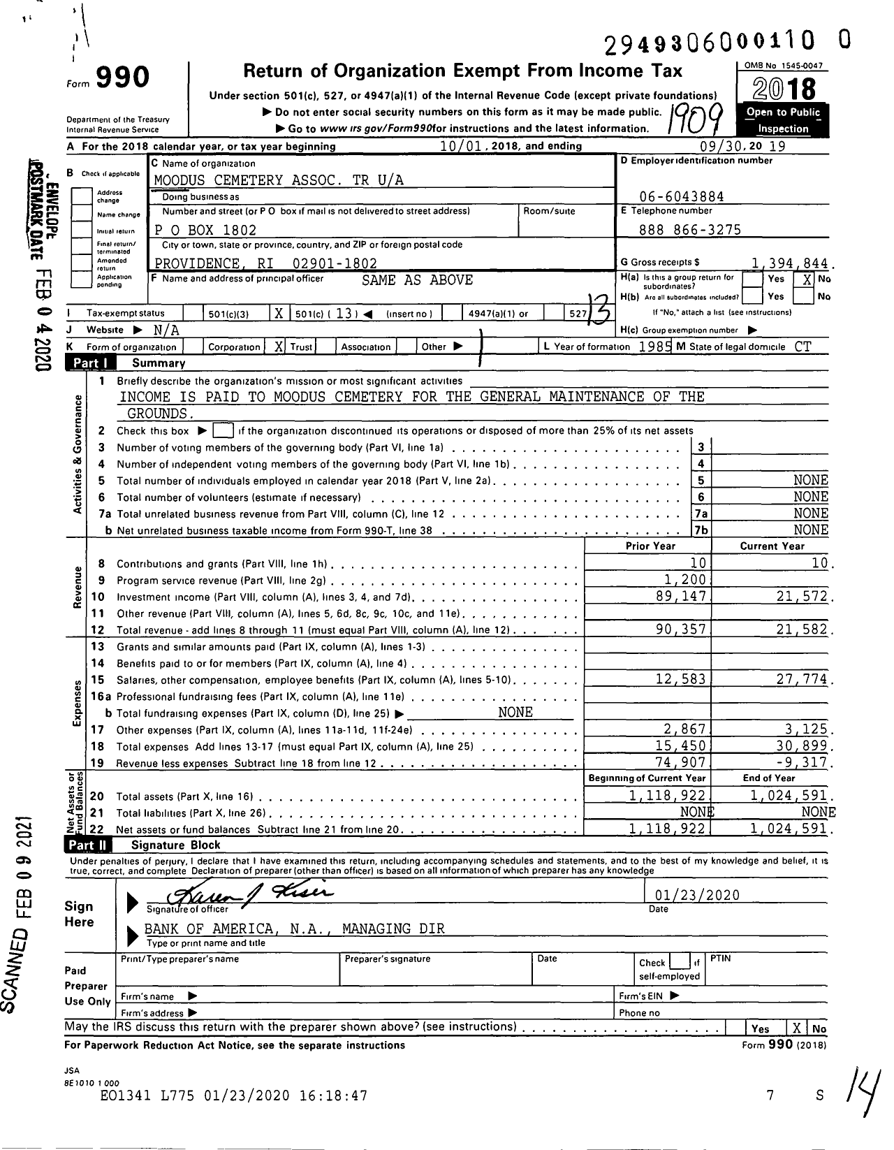 Image of first page of 2018 Form 990O for Moodus Cemetery Association Trust