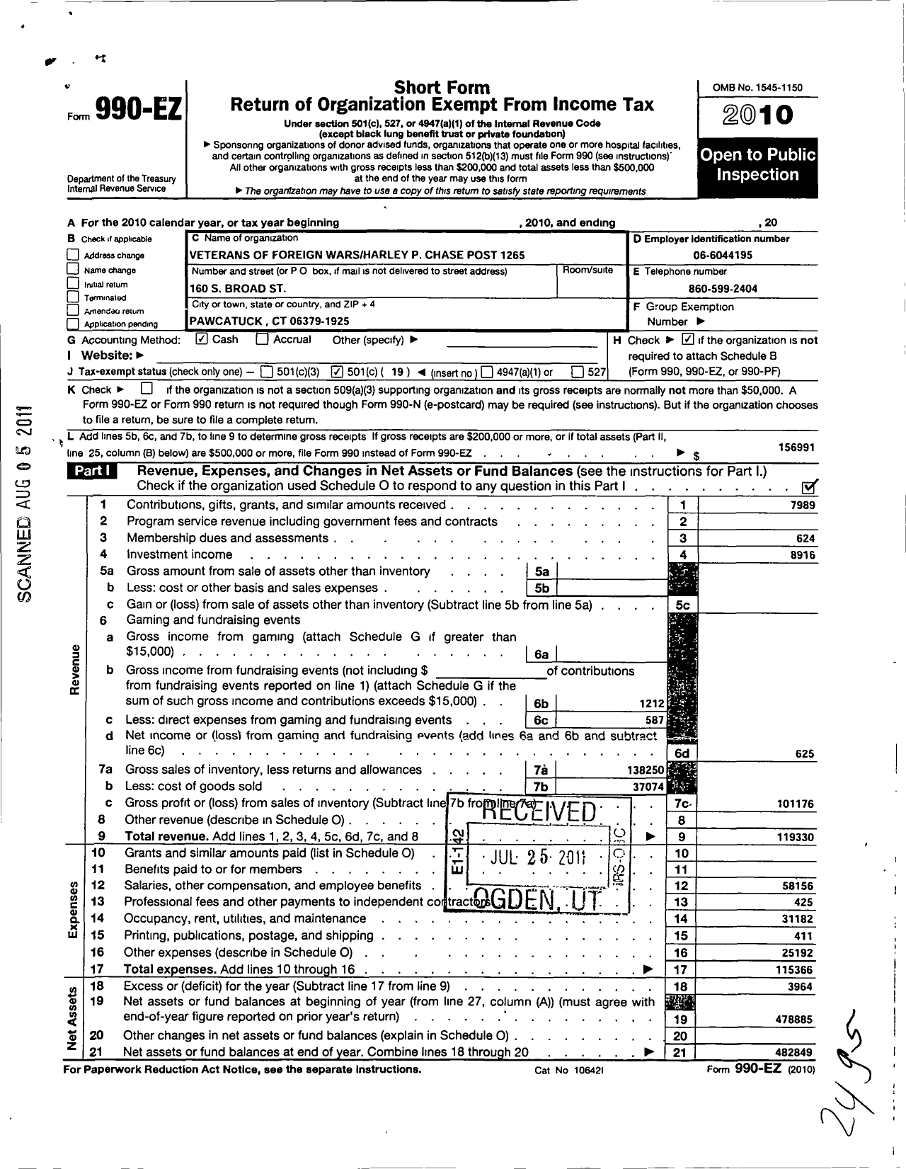 Image of first page of 2010 Form 990EO for Veterans of Foreign Wars Harley P Chase Post 1265