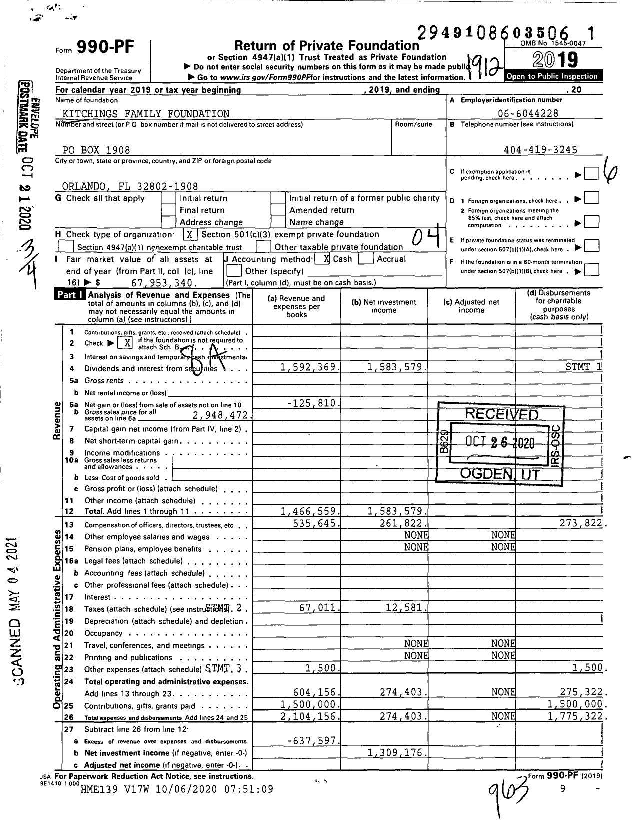 Image of first page of 2019 Form 990PF for Kitchings Family Foundation