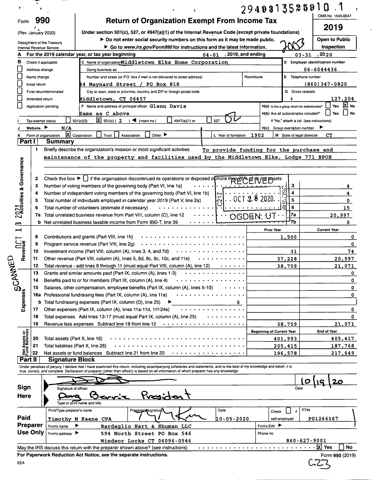 Image of first page of 2019 Form 990O for Middletown Elks Home Corporation