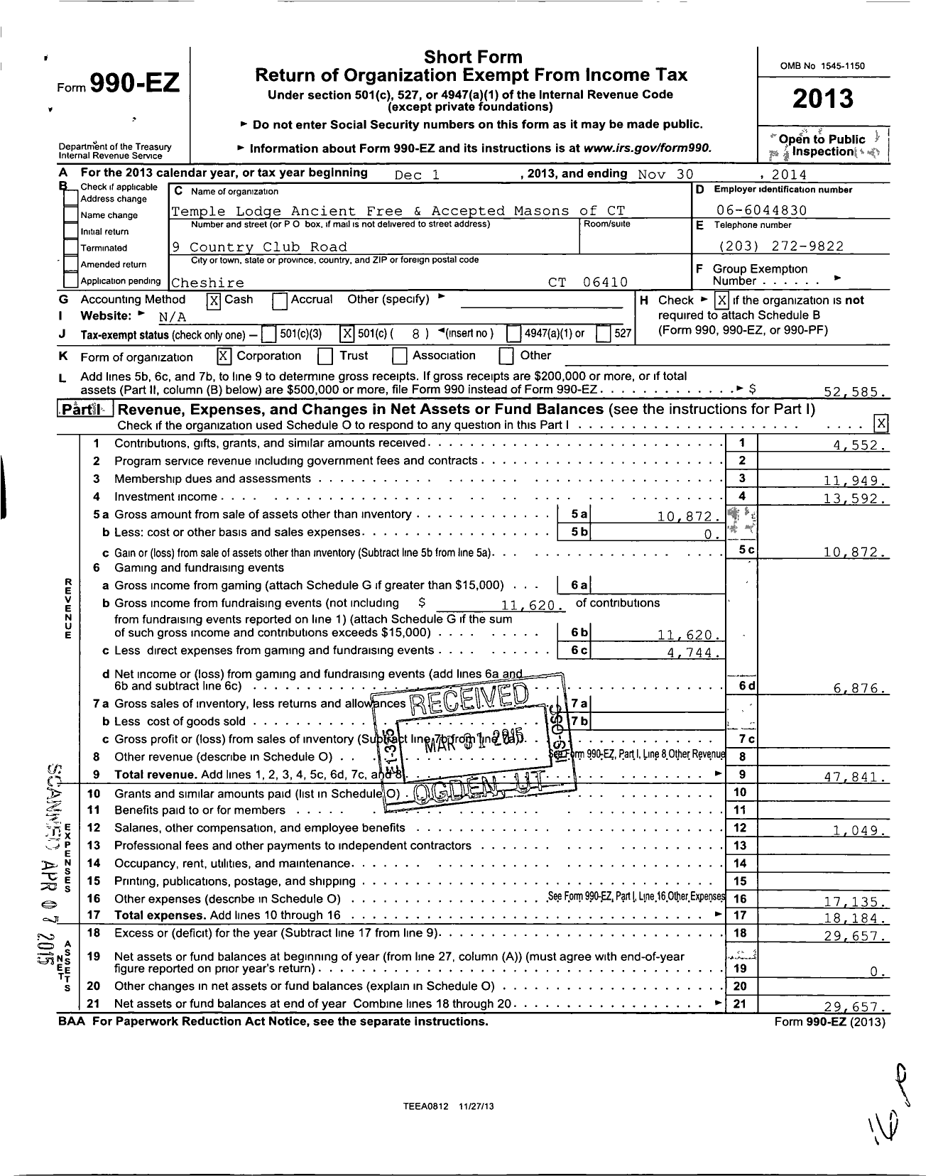 Image of first page of 2013 Form 990EO for Ancient Free and Accepted Masons of Connecticut - 16 Temple Lodge