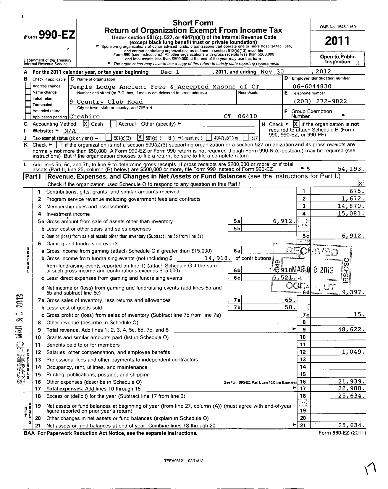 Image of first page of 2011 Form 990EO for Ancient Free and Accepted Masons of Connecticut - 16 Temple Lodge