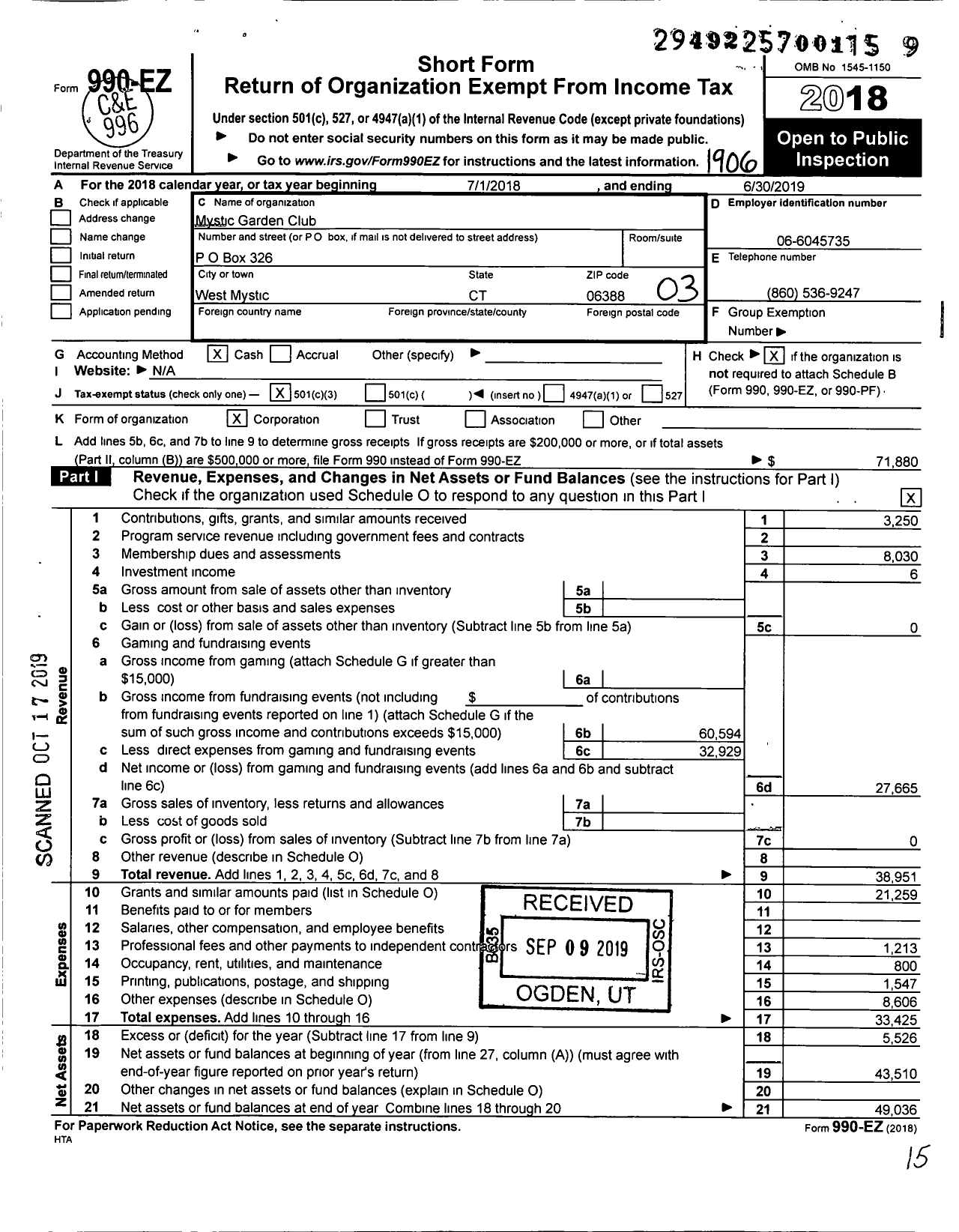 Image of first page of 2018 Form 990EZ for Mystic Garden Club