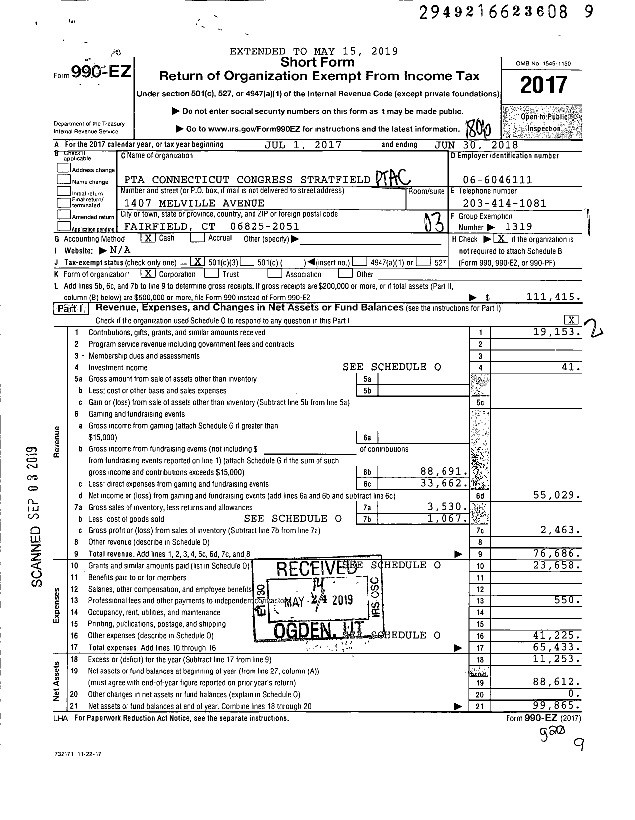 Image of first page of 2017 Form 990EZ for CT PTA - Stratfield School PTA