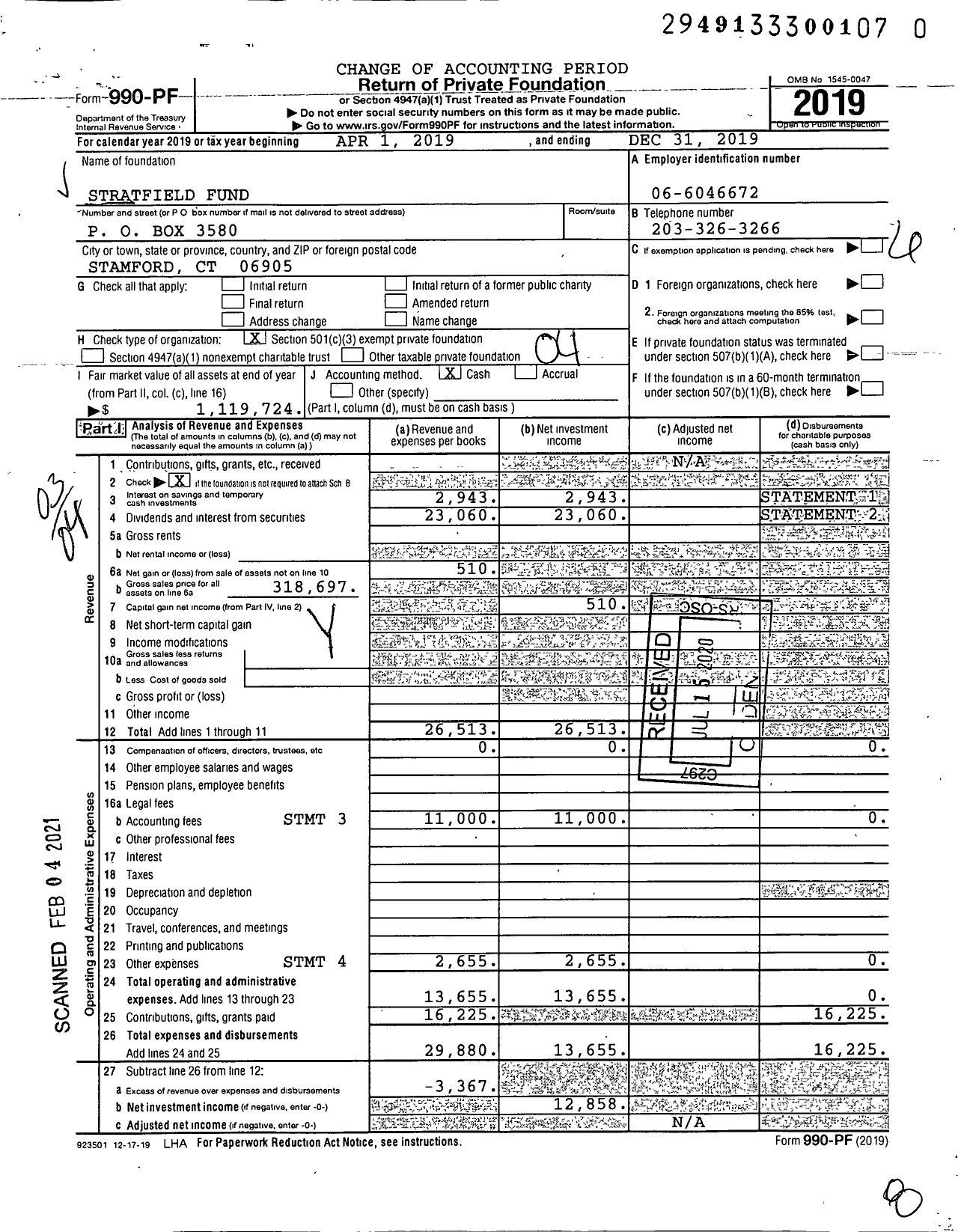 Image of first page of 2019 Form 990PF for Stratfield Fund