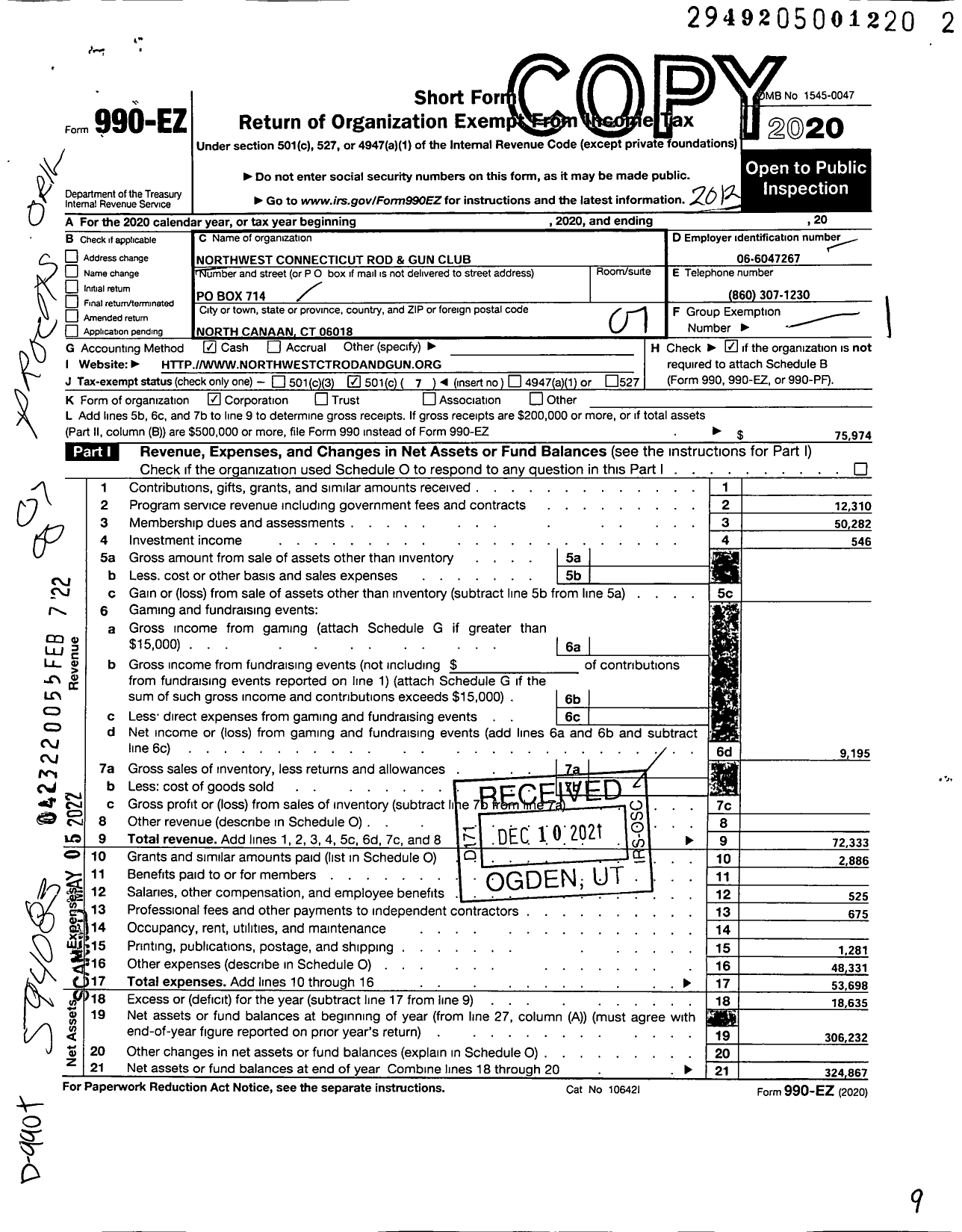 Image of first page of 2020 Form 990EO for Northwest Connecticut Rod & Gun Club