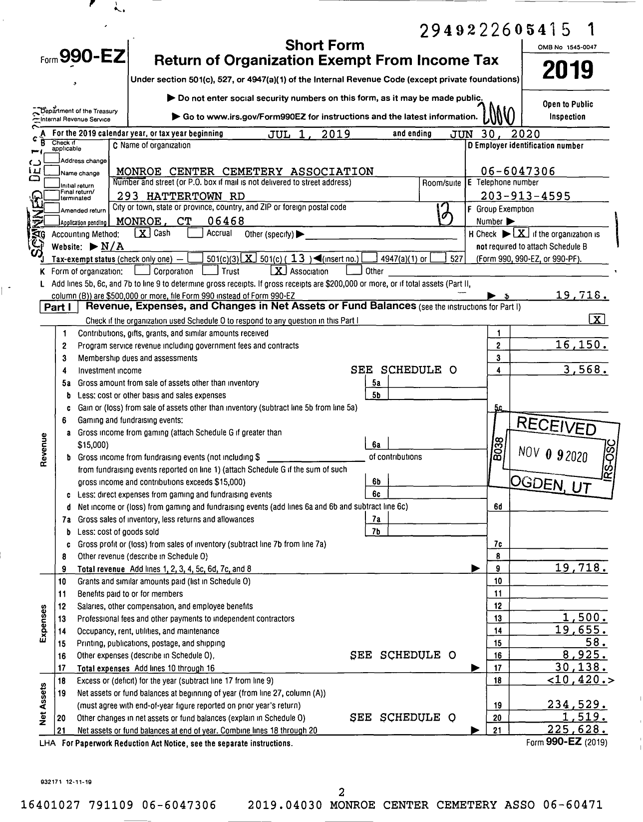 Image of first page of 2019 Form 990EO for Monroe Center Cemetery Association