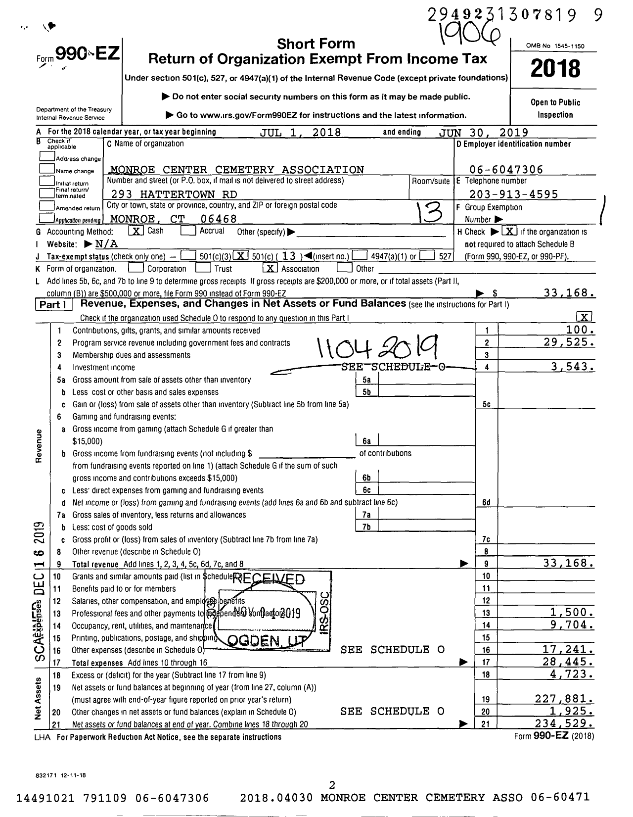 Image of first page of 2018 Form 990EO for Monroe Center Cemetery Association