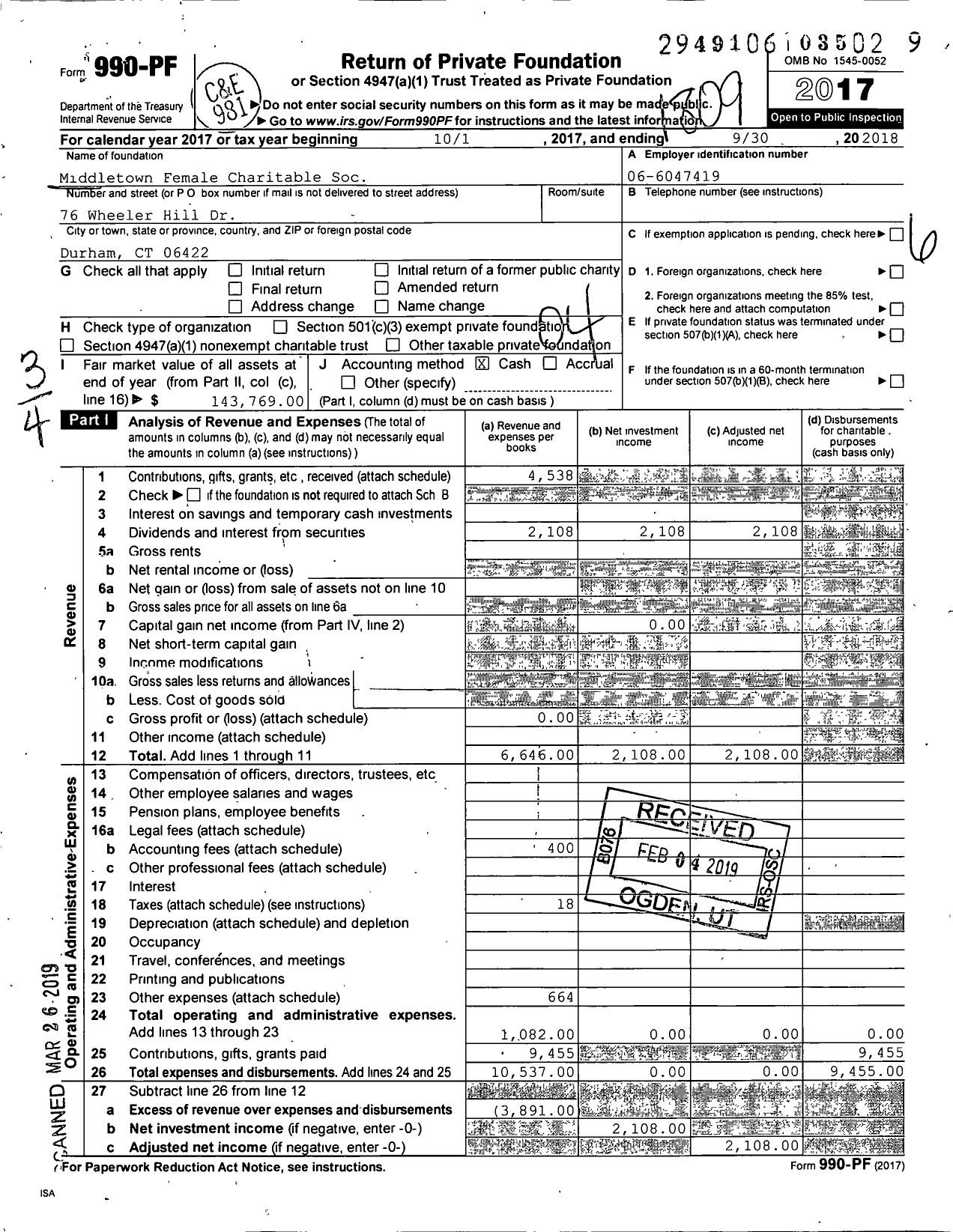 Image of first page of 2017 Form 990PF for Middletown Female Charitable Society