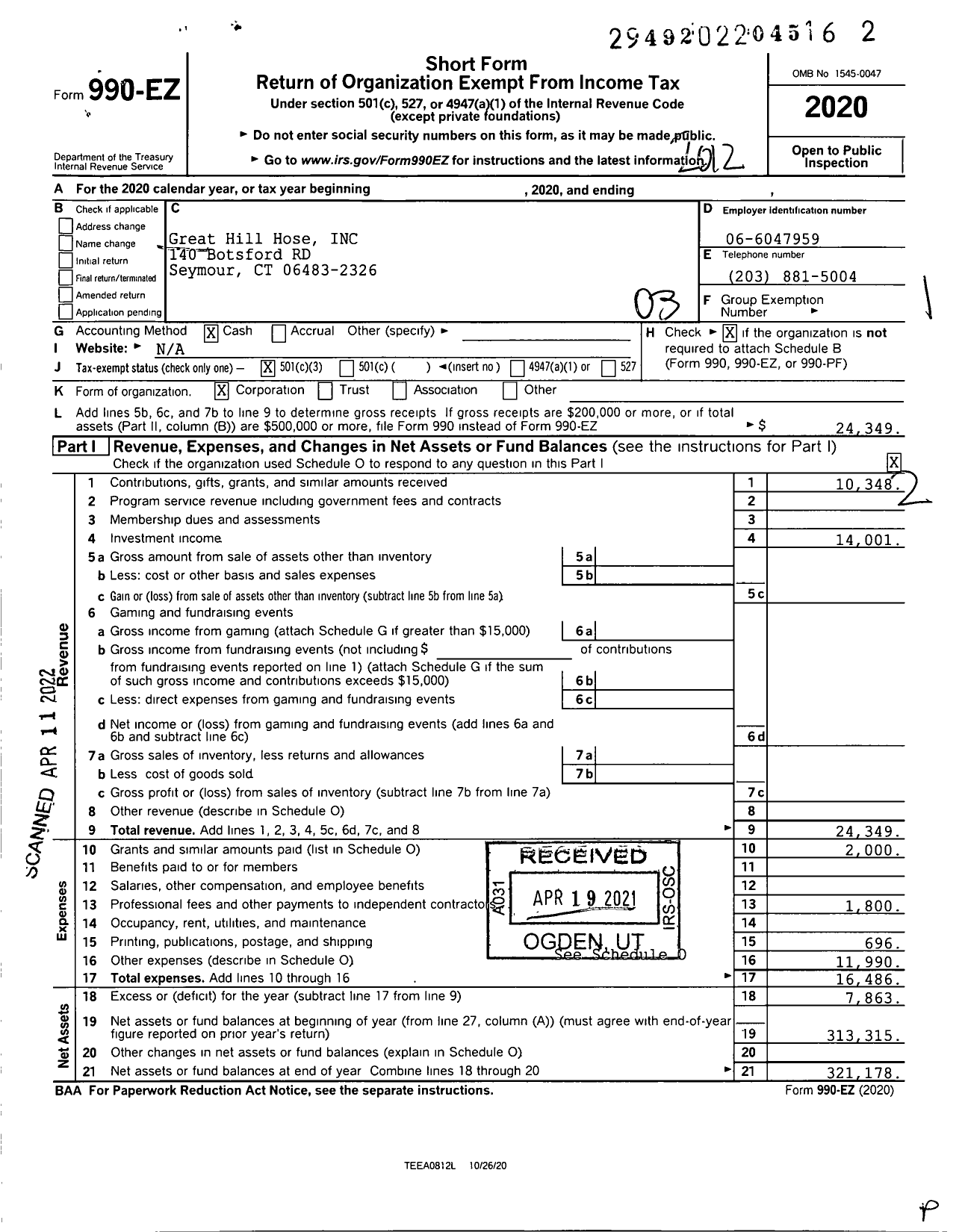 Image of first page of 2020 Form 990EZ for Great Hill Hose