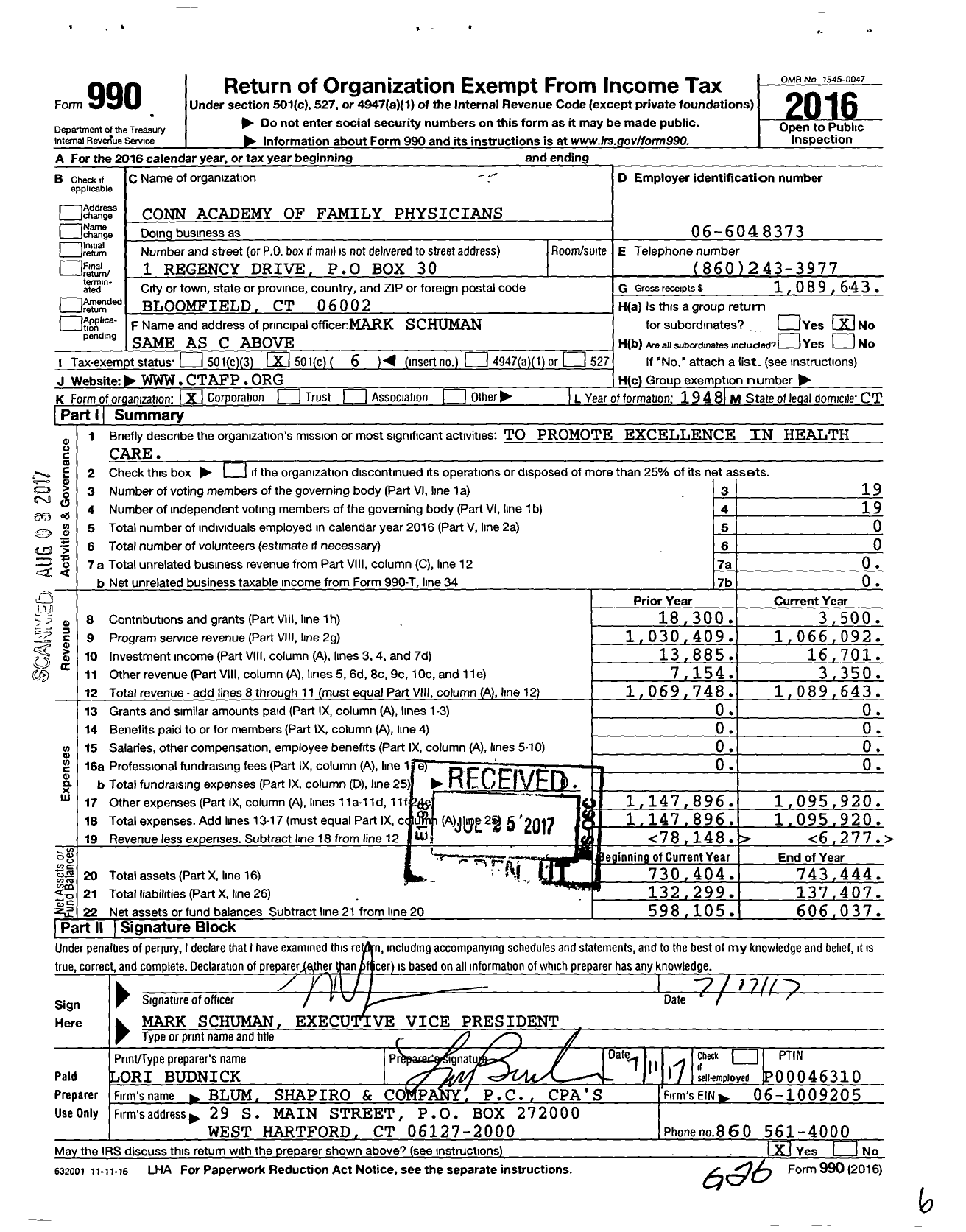 Image of first page of 2016 Form 990O for Connecticut Academy of Family Physicians (CAFP)