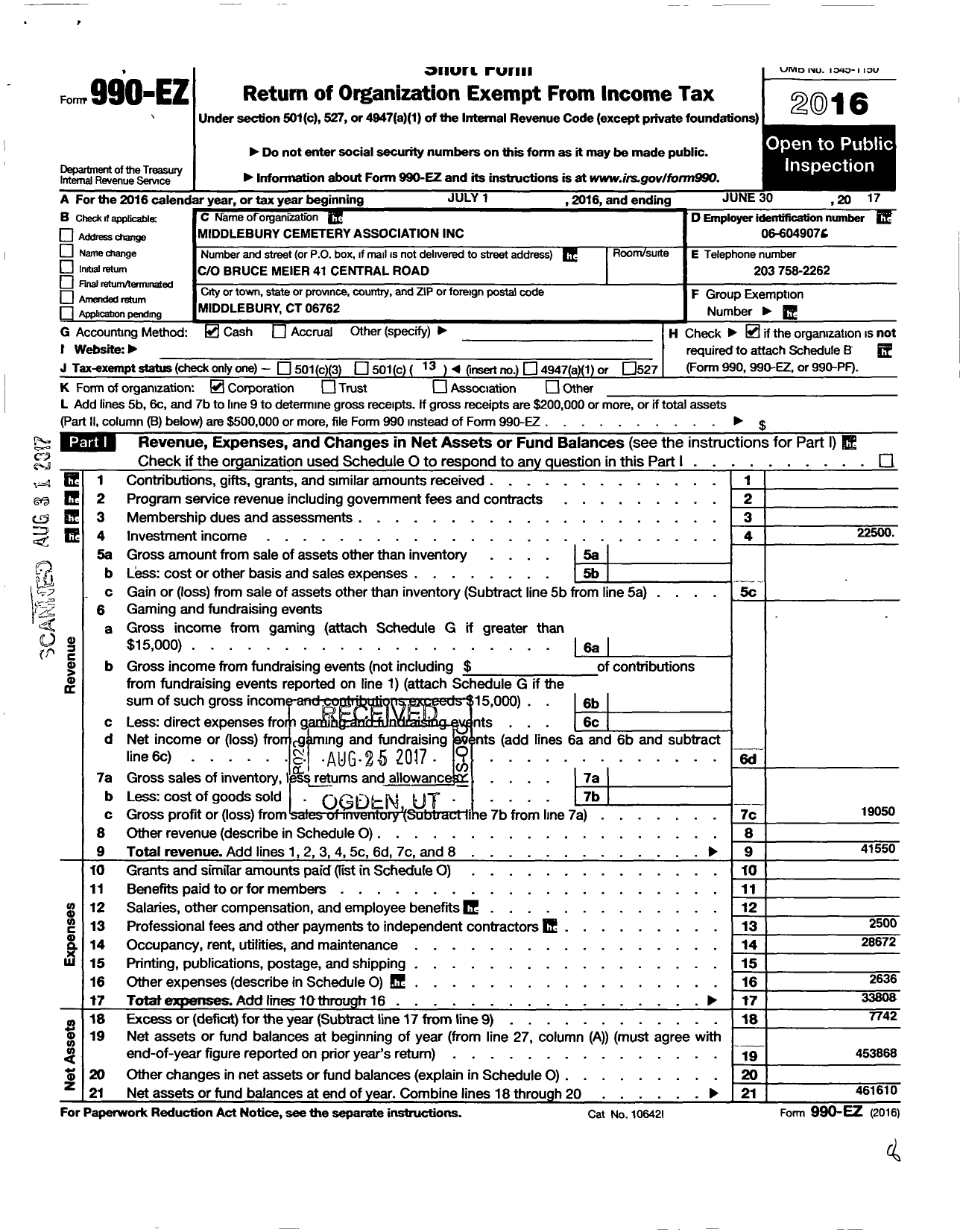 Image of first page of 2016 Form 990EO for Middlebury Cemetery Associ