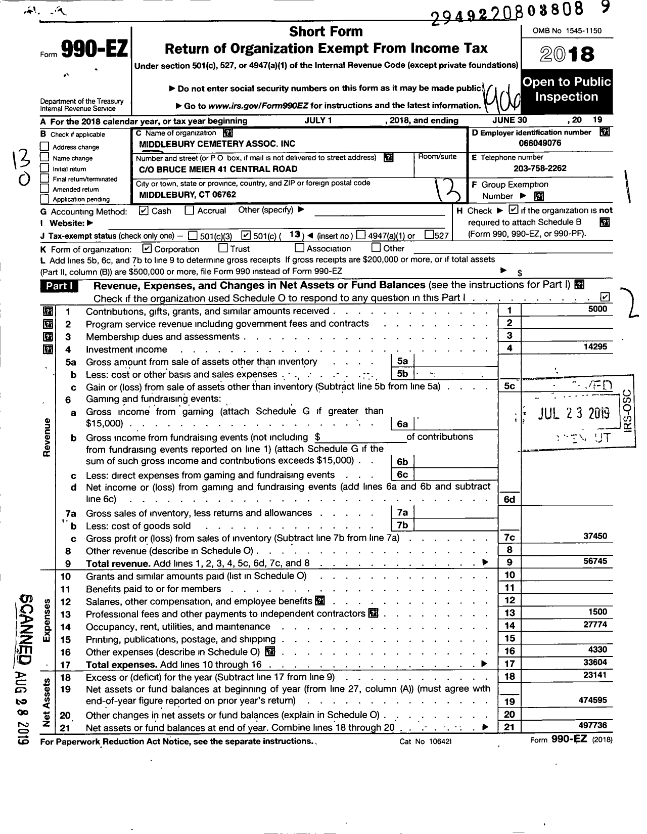 Image of first page of 2018 Form 990EO for Middlebury Cemetery Associ