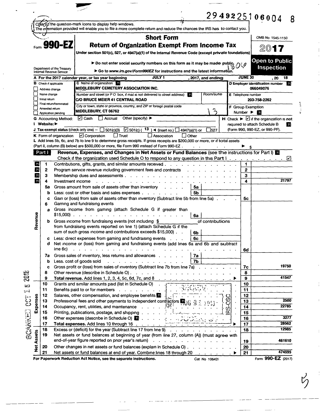 Image of first page of 2017 Form 990EO for Middlebury Cemetery Associ