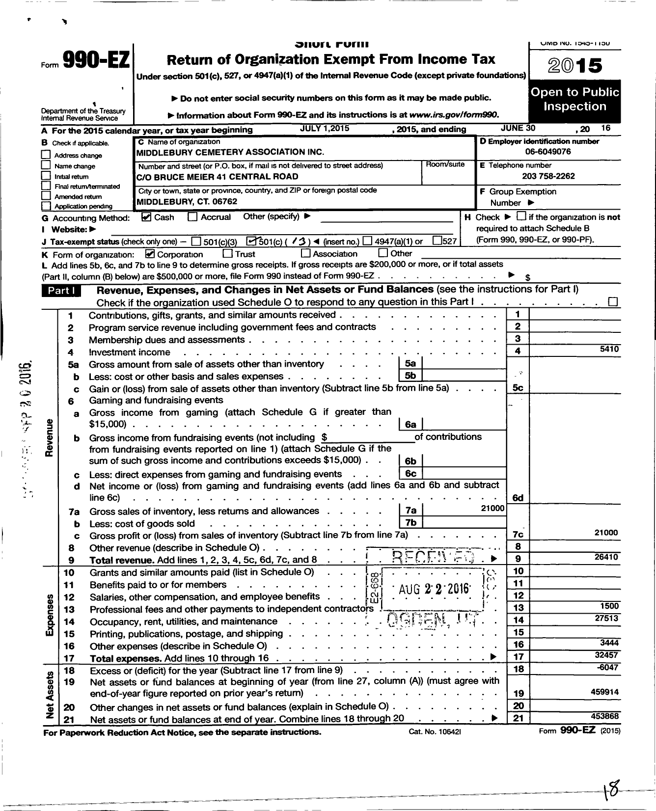 Image of first page of 2015 Form 990EO for Middlebury Cemetery Associ