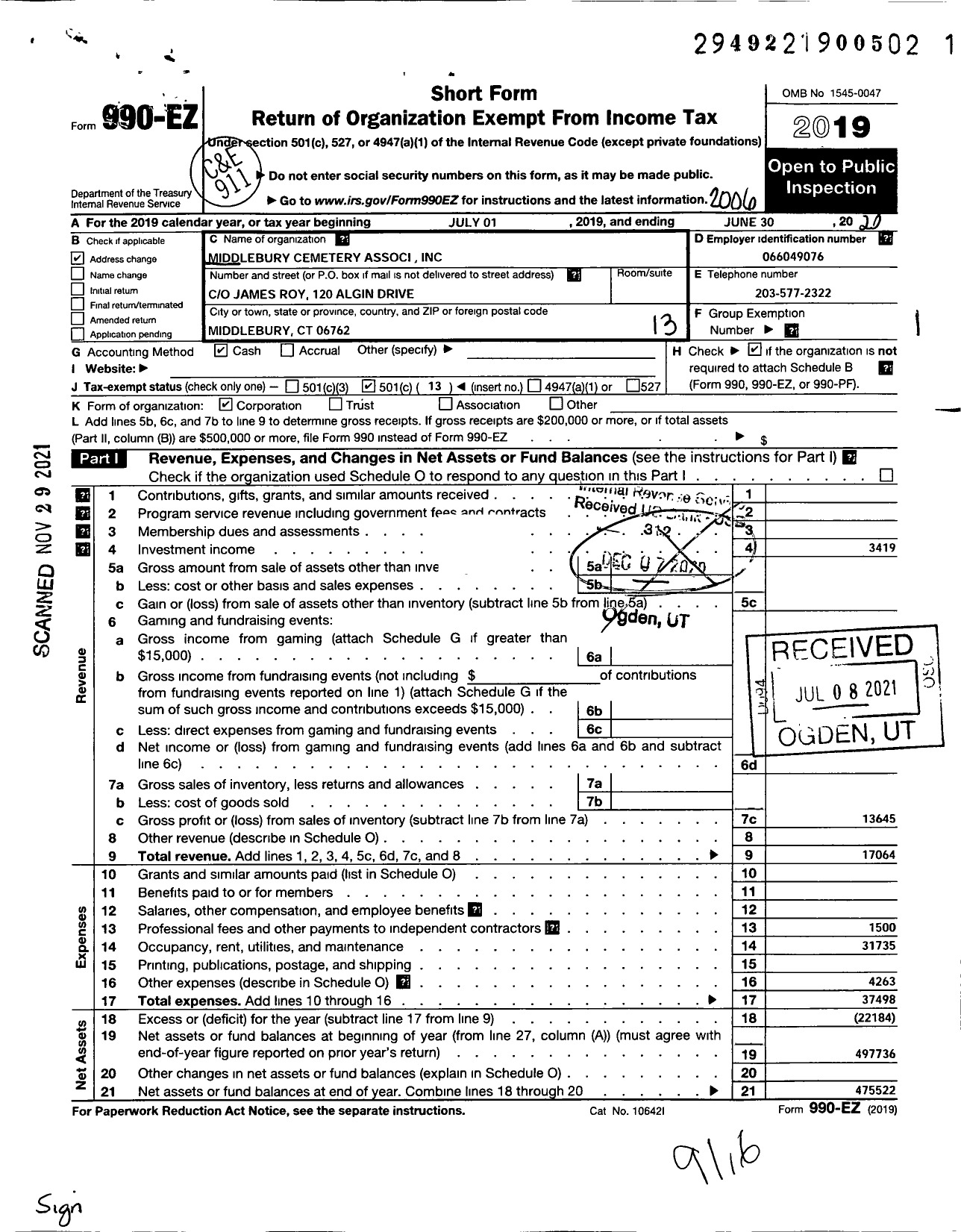 Image of first page of 2019 Form 990EO for Middlebury Cemetery Associ