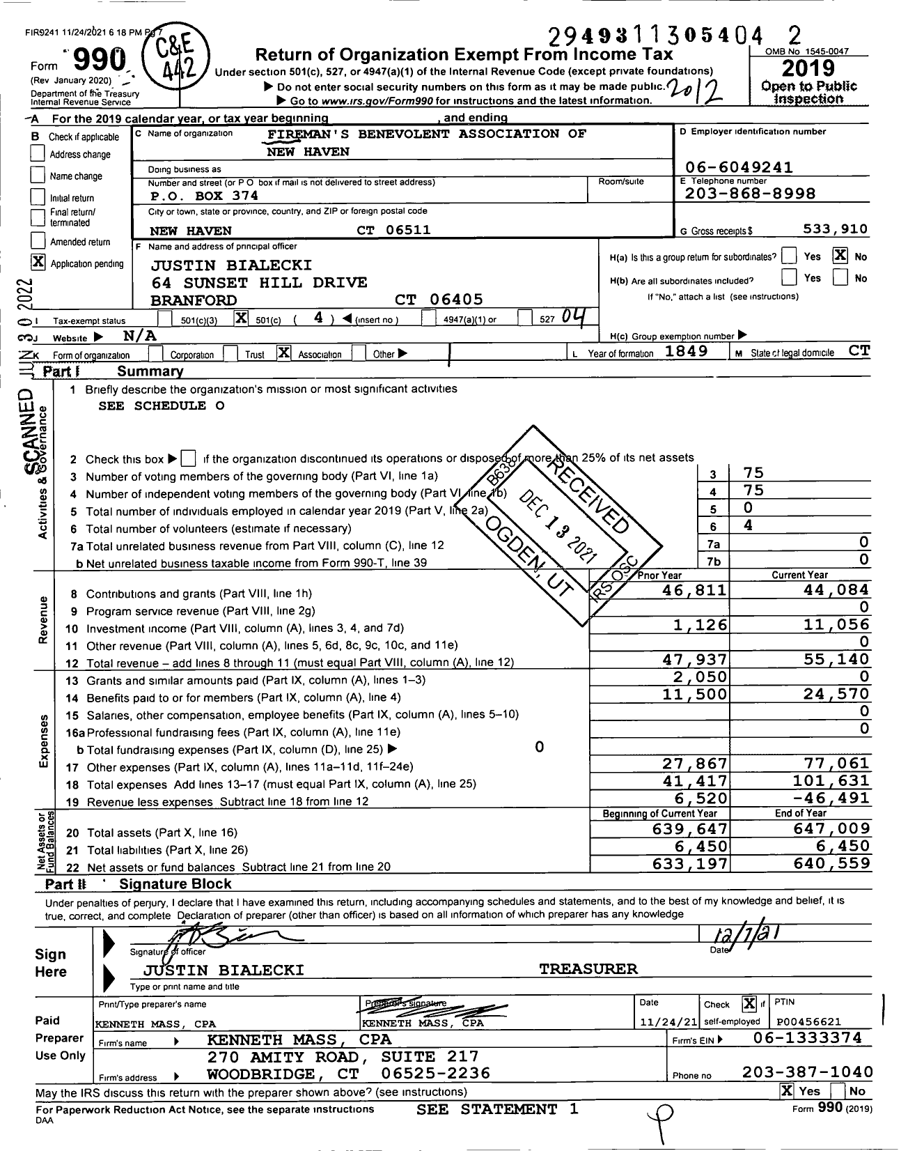 Image of first page of 2020 Form 990O for Fireman's Benevolent Association of New Haven