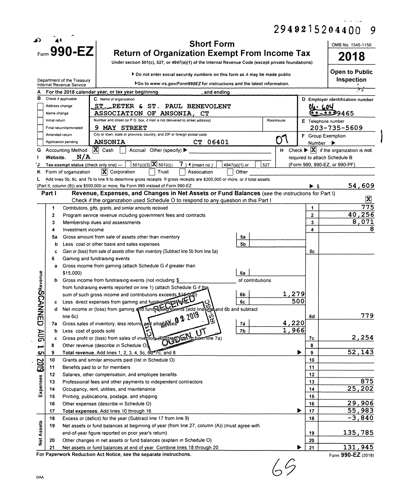 Image of first page of 2018 Form 990EO for St Peter & St Paul Benevolent Association of Ansonia CT