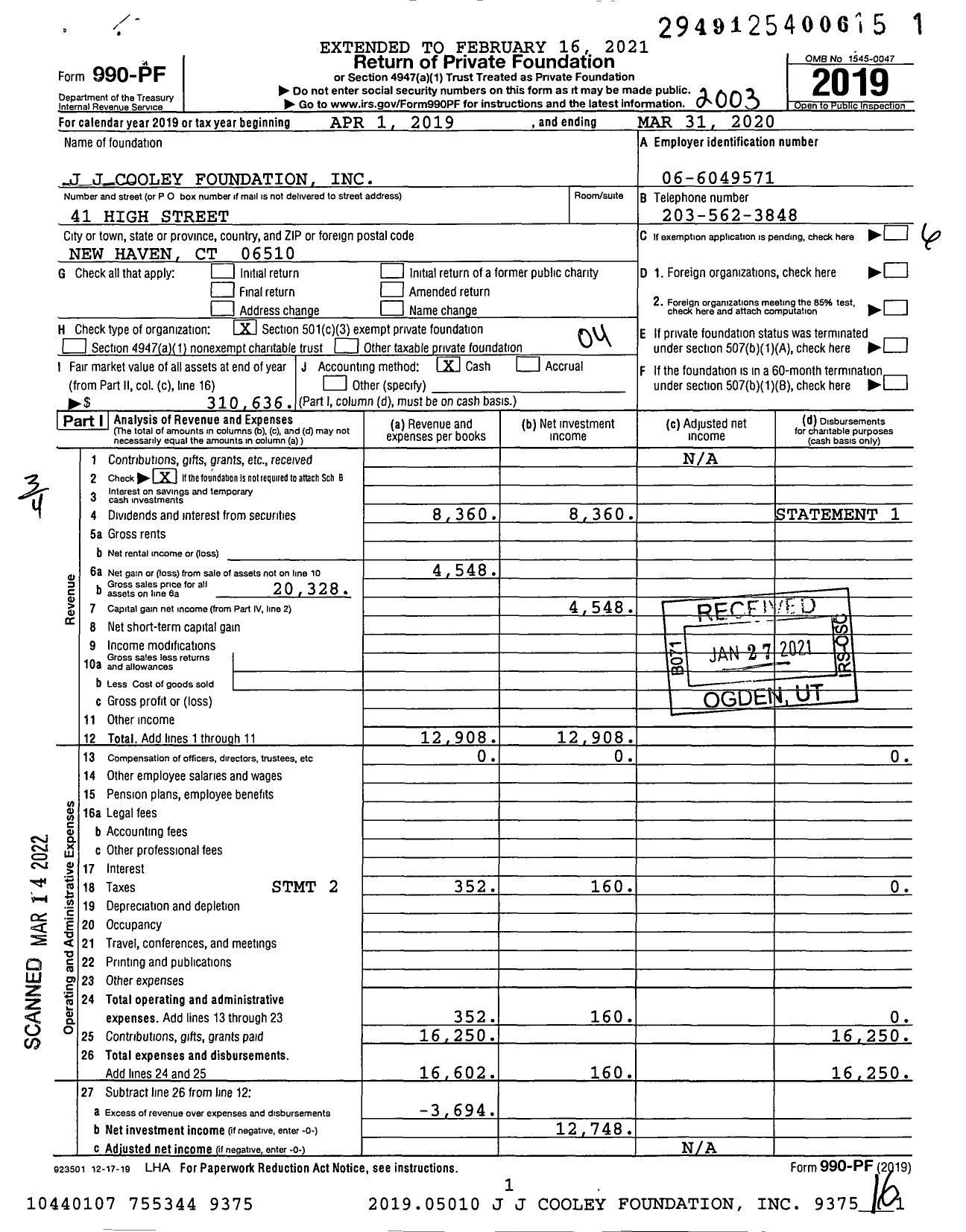 Image of first page of 2019 Form 990PF for J J Cooley Foundation