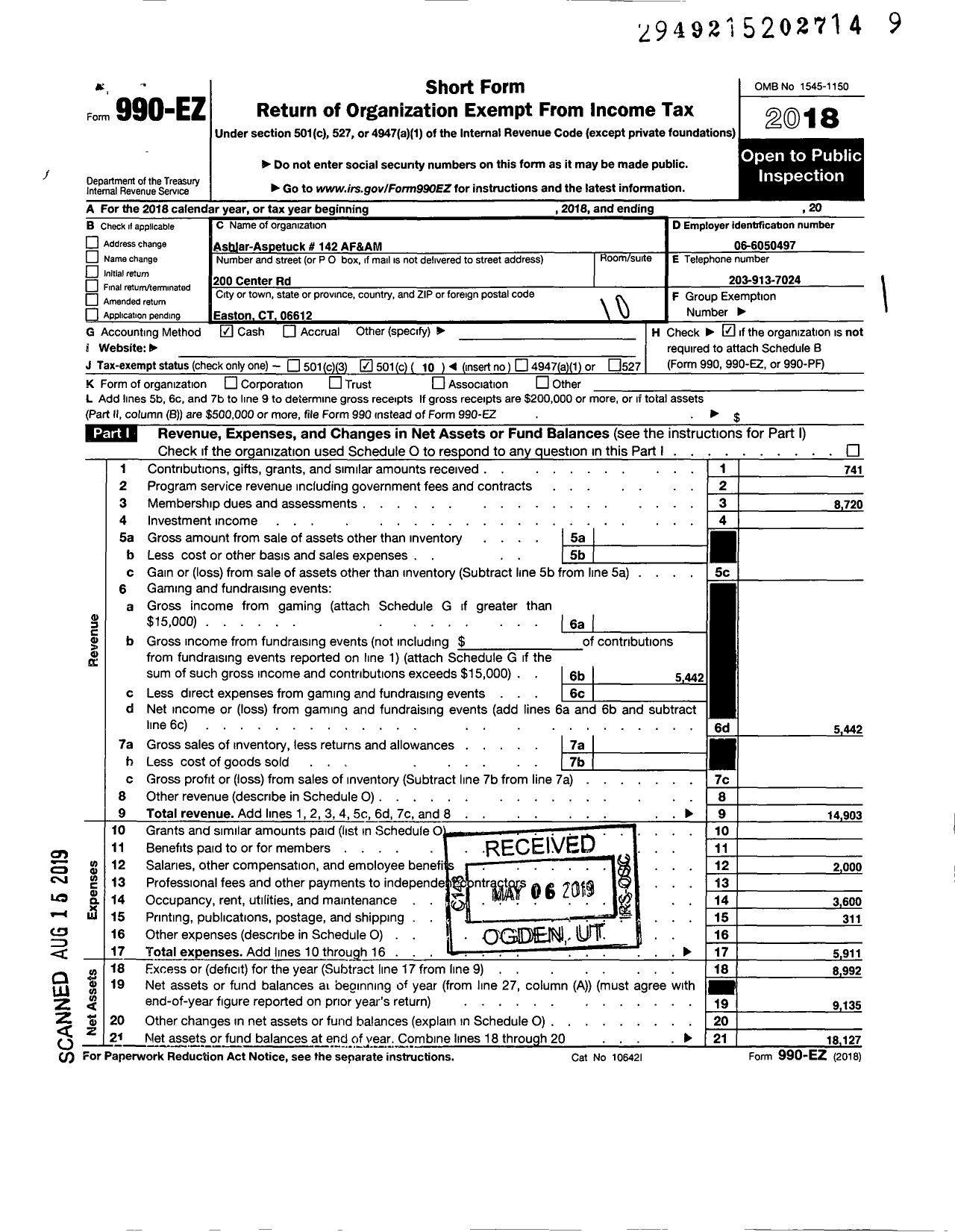 Image of first page of 2018 Form 990EO for Ancient Free and Accepted Masons of Connecticut - 142 Ashlar-Aspetuck Lodge