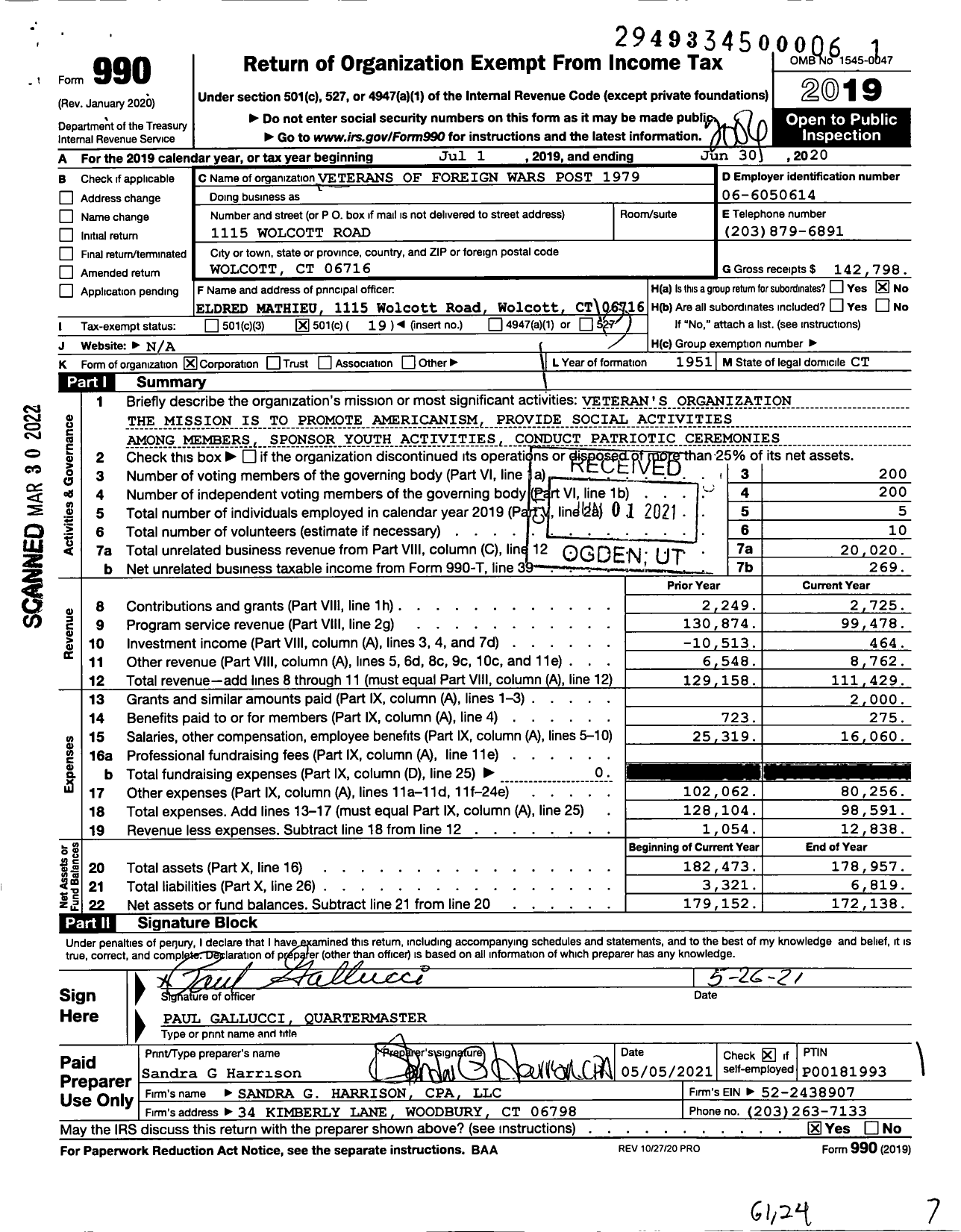 Image of first page of 2019 Form 990O for VFW Department of Connecticut - 1979 Vfw-Conn