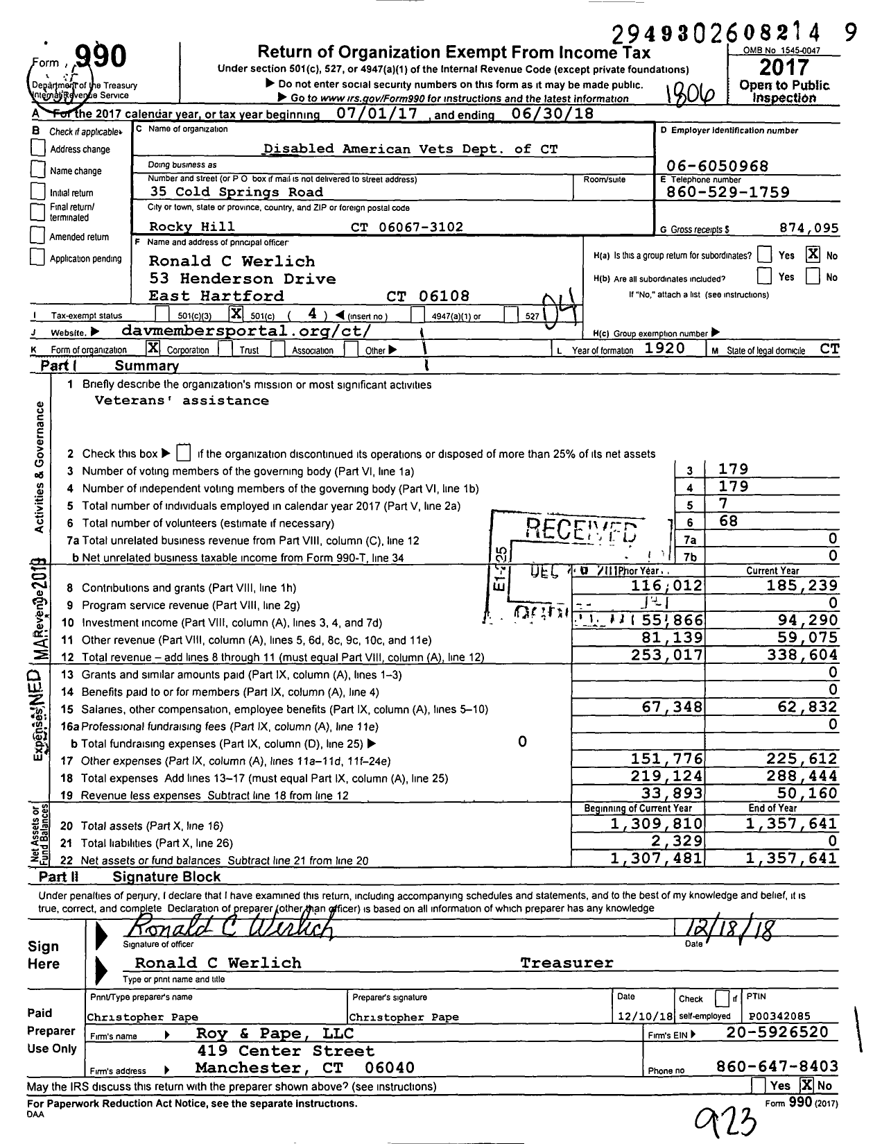Image of first page of 2017 Form 990O for Disabled American Veterans - Dept of Connecticut
