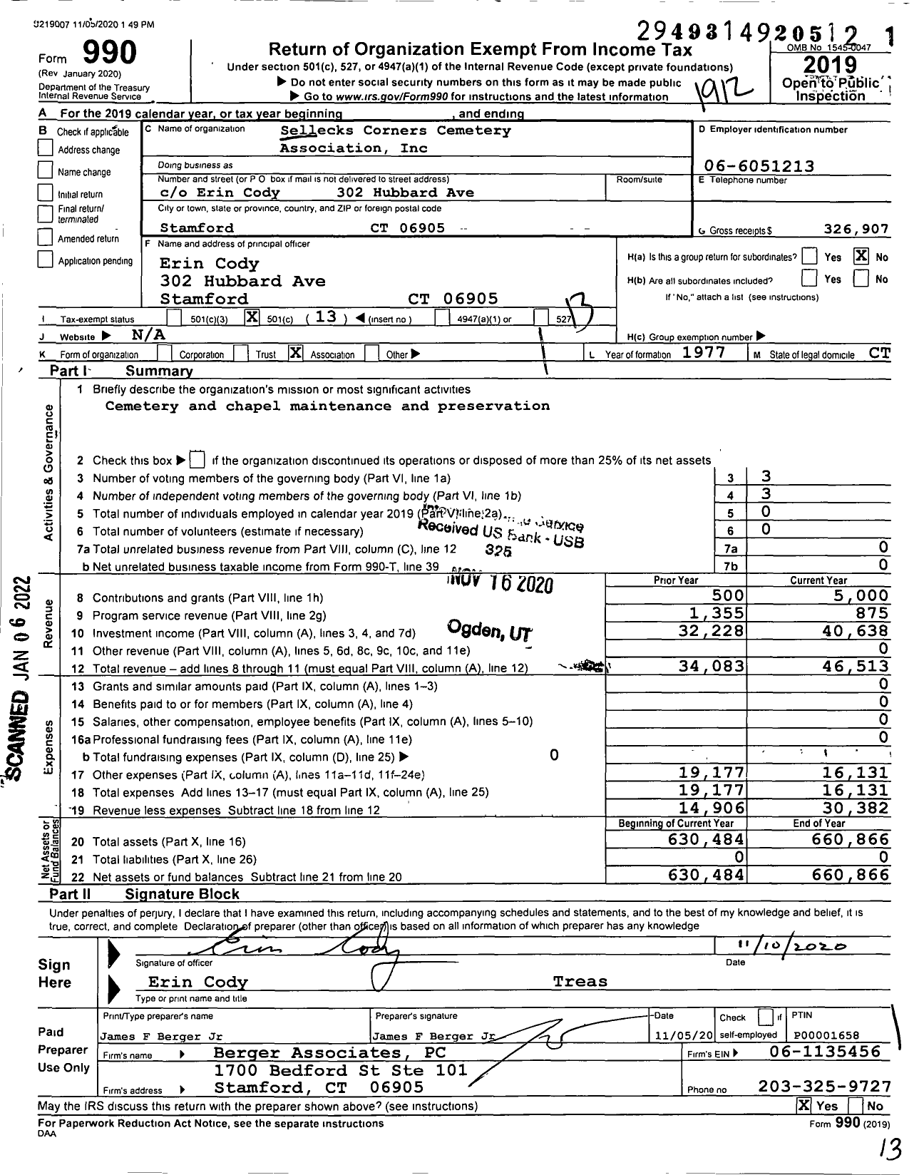 Image of first page of 2019 Form 990O for Sellecks Corners Cemetery Association