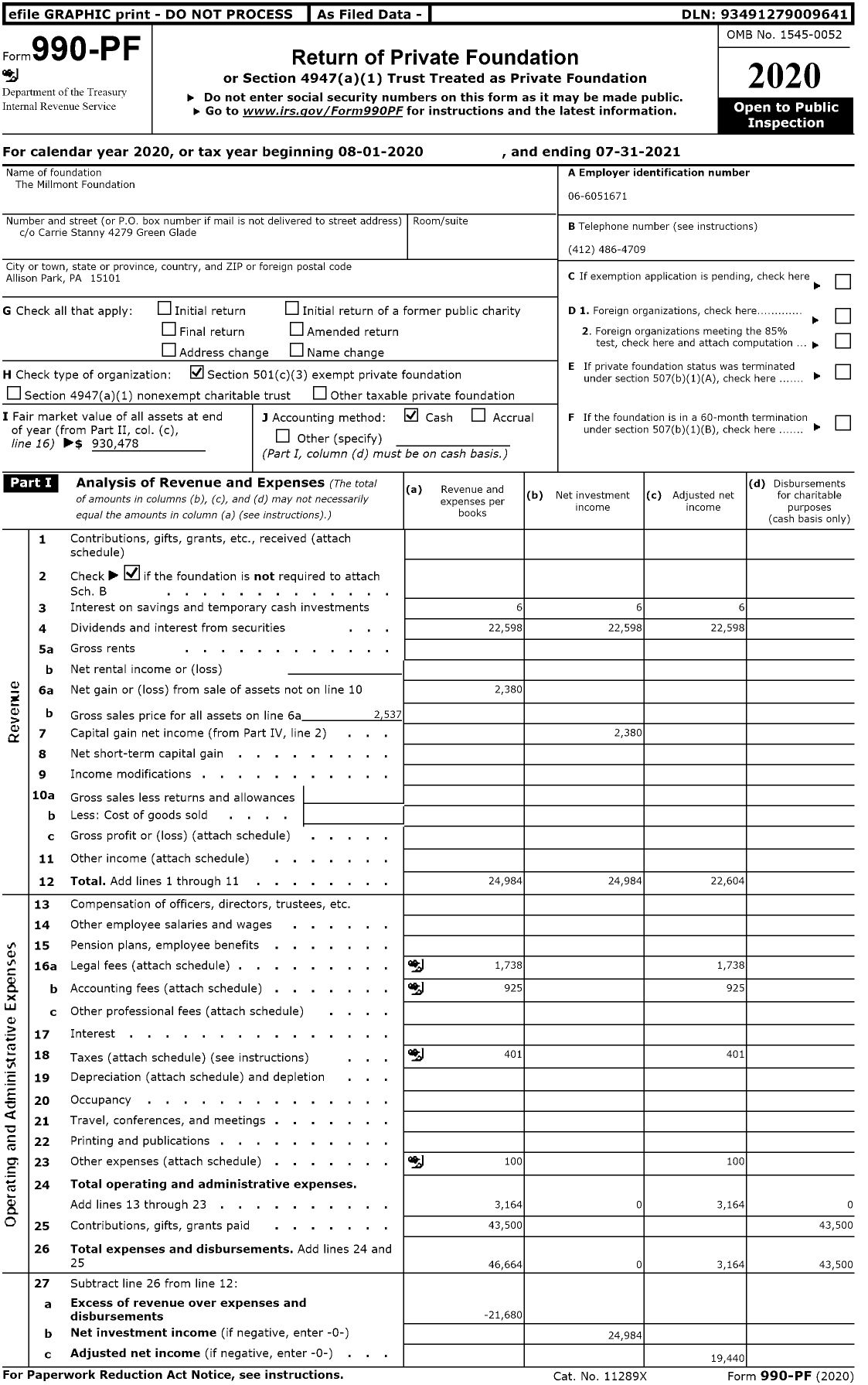 Image of first page of 2020 Form 990PF for The Millmont Foundation