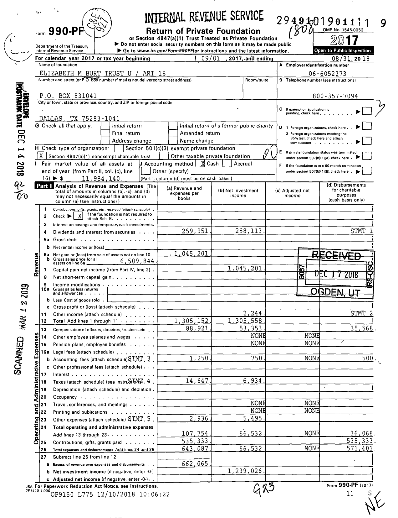 Image of first page of 2017 Form 990PF for Elizabeth M Burt Trust U Art 16