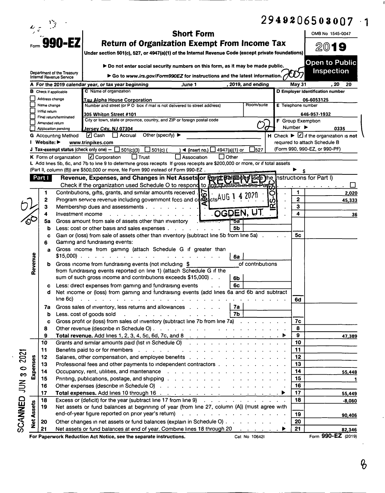 Image of first page of 2019 Form 990EO for Tau Alpha House Corporation