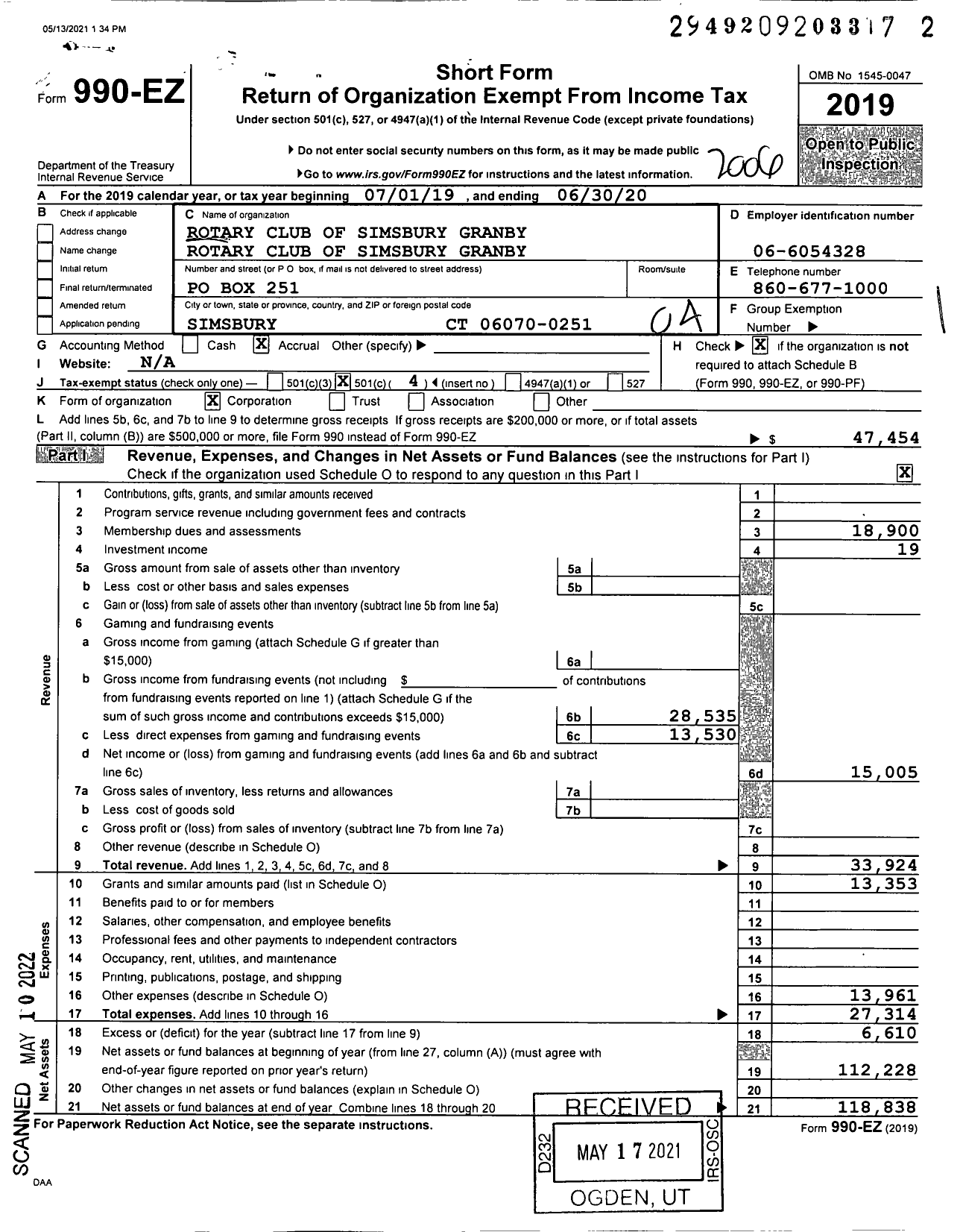 Image of first page of 2019 Form 990EO for Rotary International - Rotary Club of Simsbury Granby