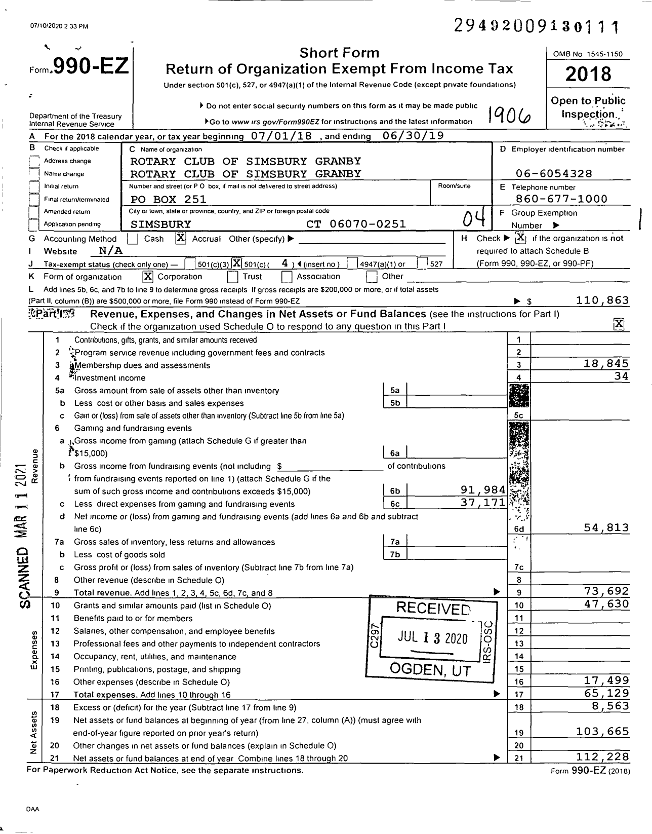 Image of first page of 2018 Form 990EO for Rotary International - Rotary Club of Simsbury Granby