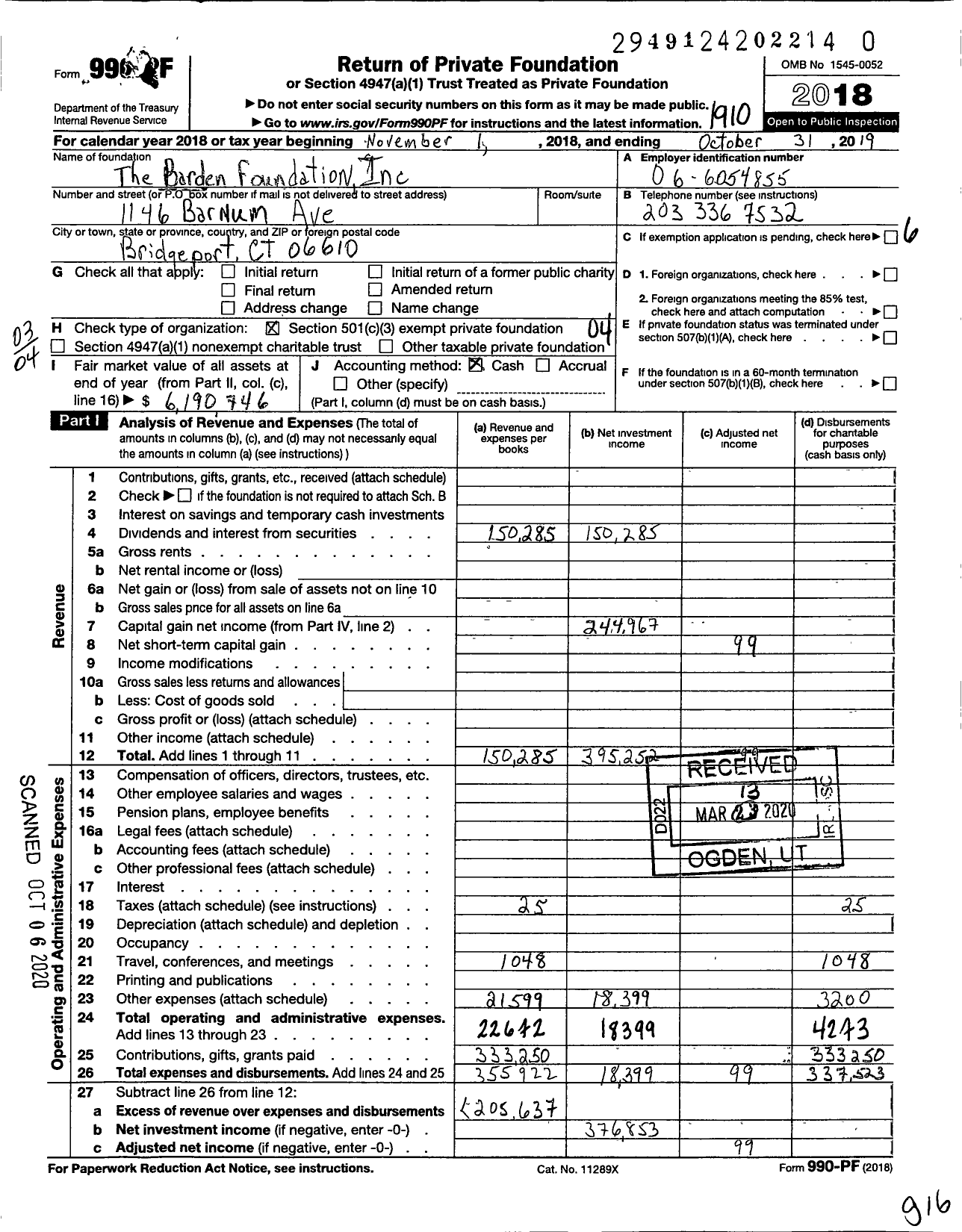 Image of first page of 2018 Form 990PR for The Barden Foundation