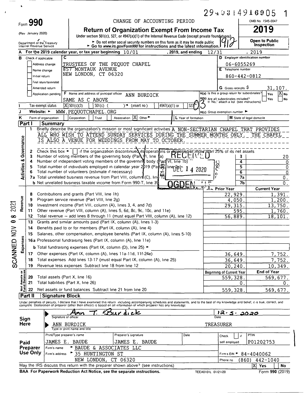 Image of first page of 2019 Form 990 for Trustees of the Pequot Chapel