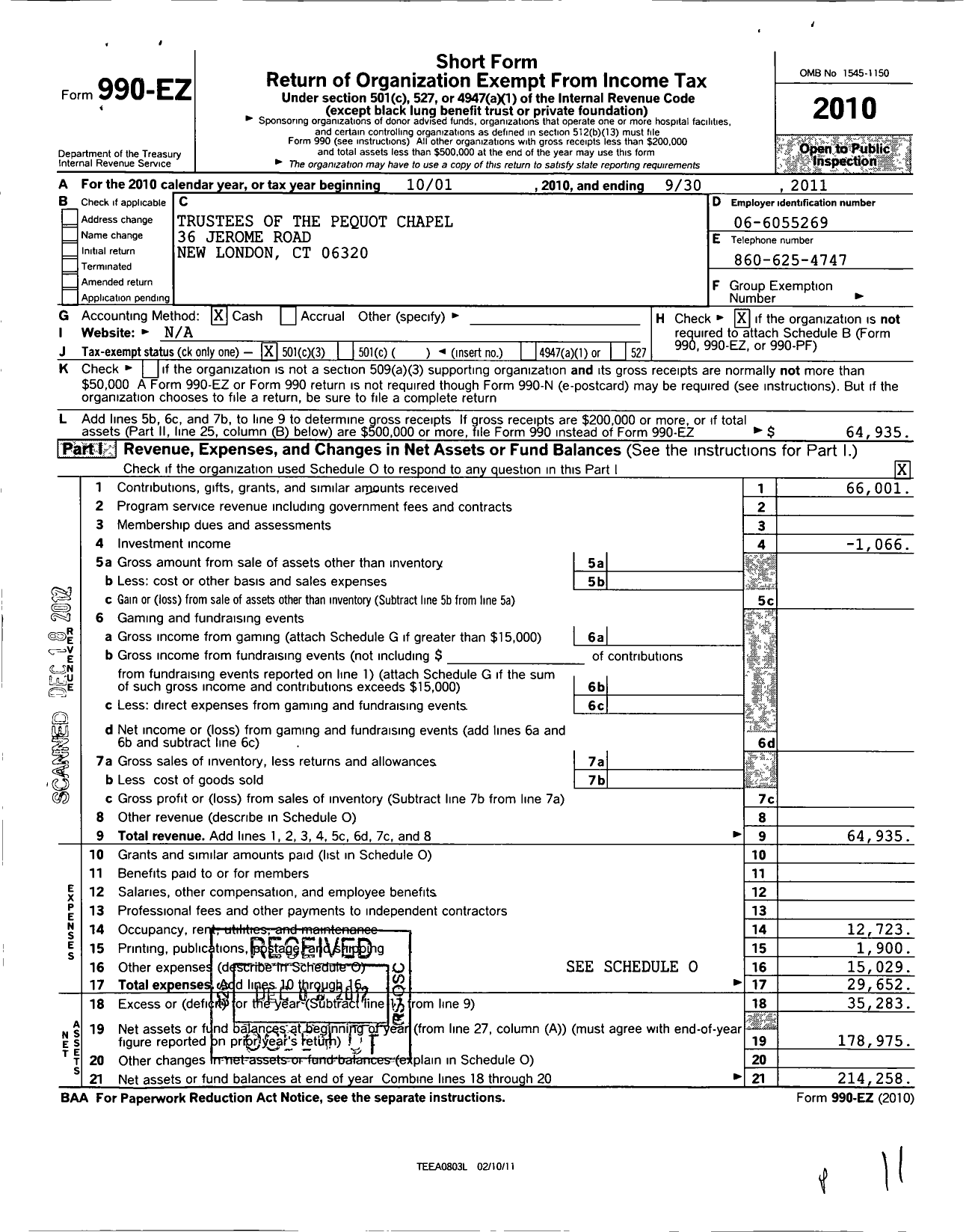 Image of first page of 2010 Form 990EZ for Trustees of the Pequot Chapel