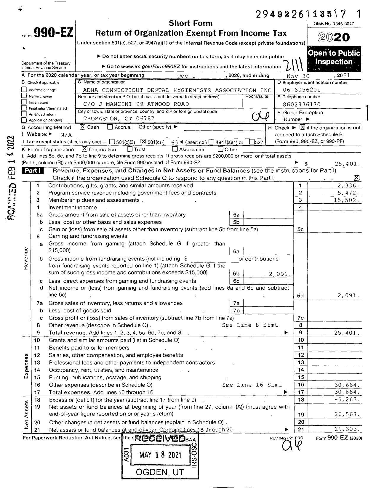 Image of first page of 2020 Form 990EO for Adha-Connecticut