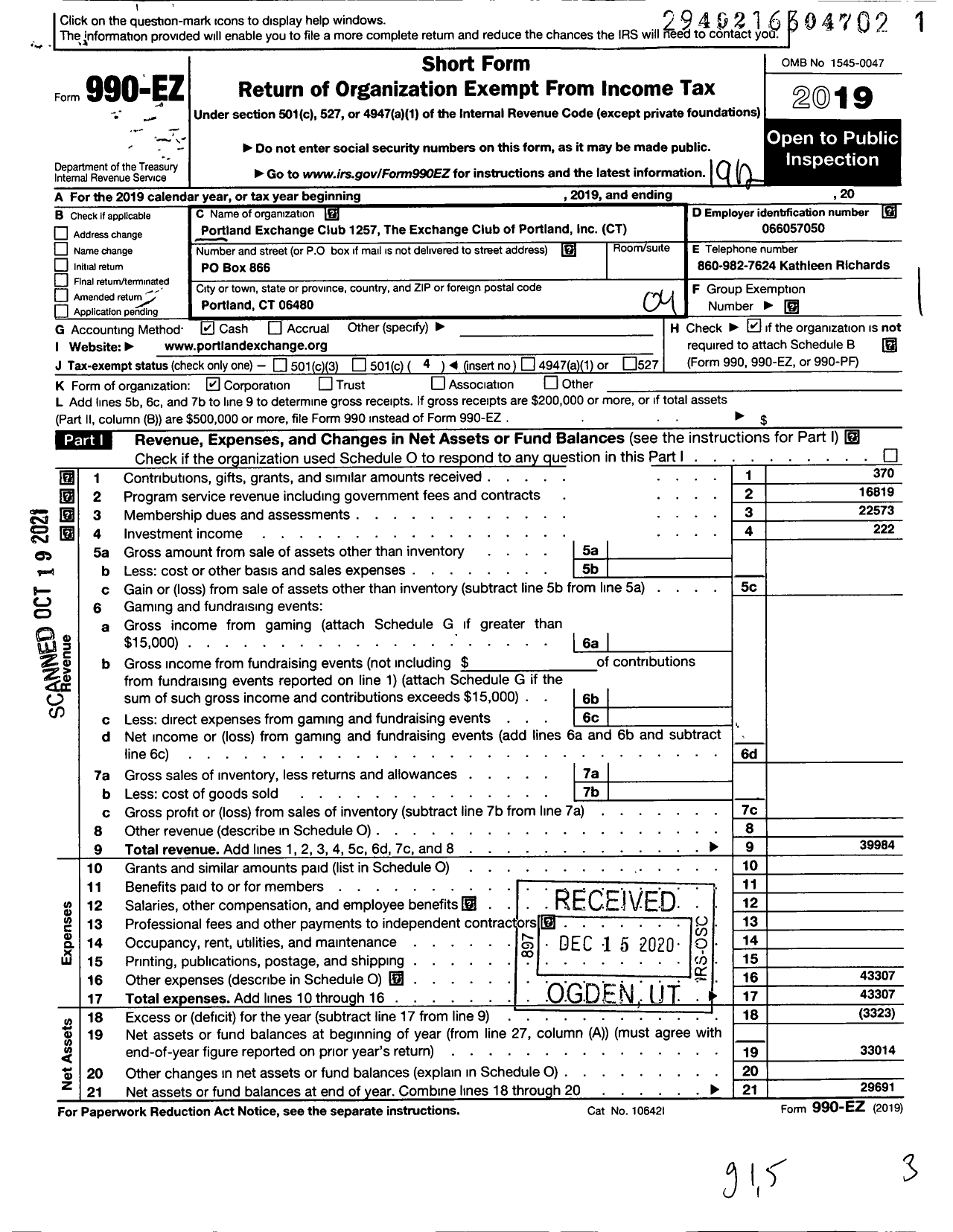 Image of first page of 2019 Form 990EO for National Exchange Club - 1257 Portland CT