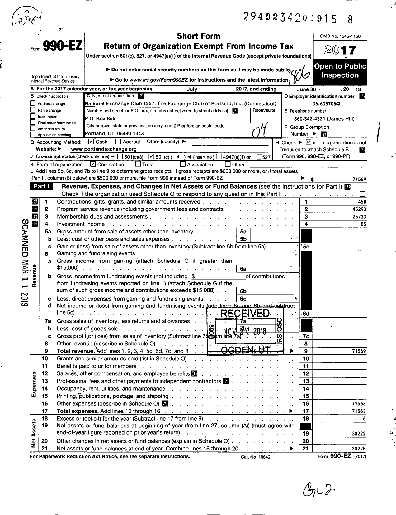 Image of first page of 2017 Form 990EO for National Exchange Club - 1257 Portland CT