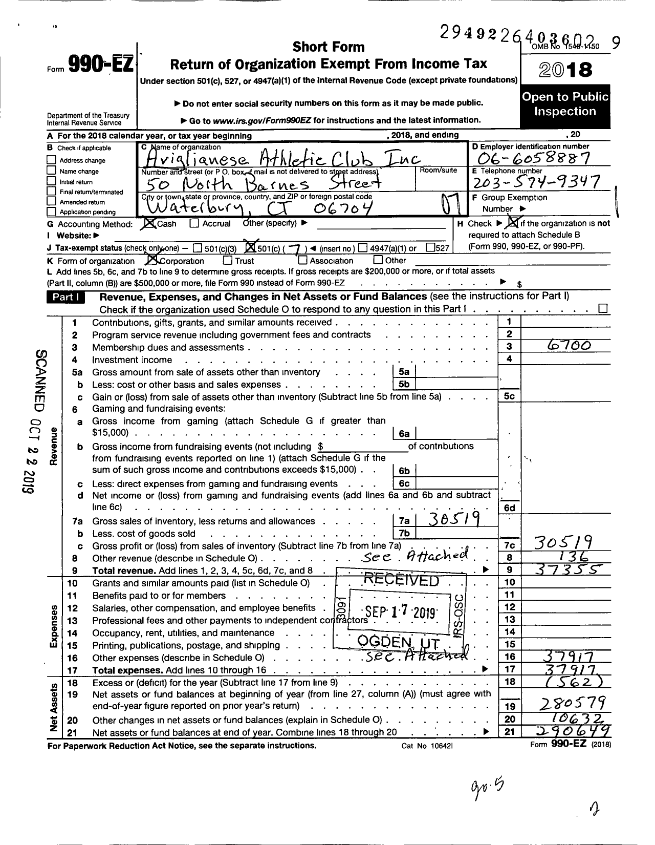 Image of first page of 2018 Form 990EO for Aviglianese Athletic Club