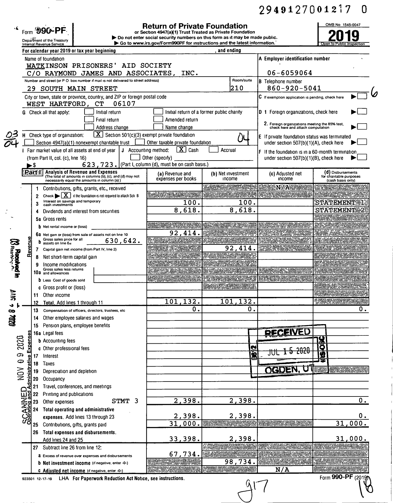 Image of first page of 2019 Form 990PF for Watkinson Prisoners' Aid Society