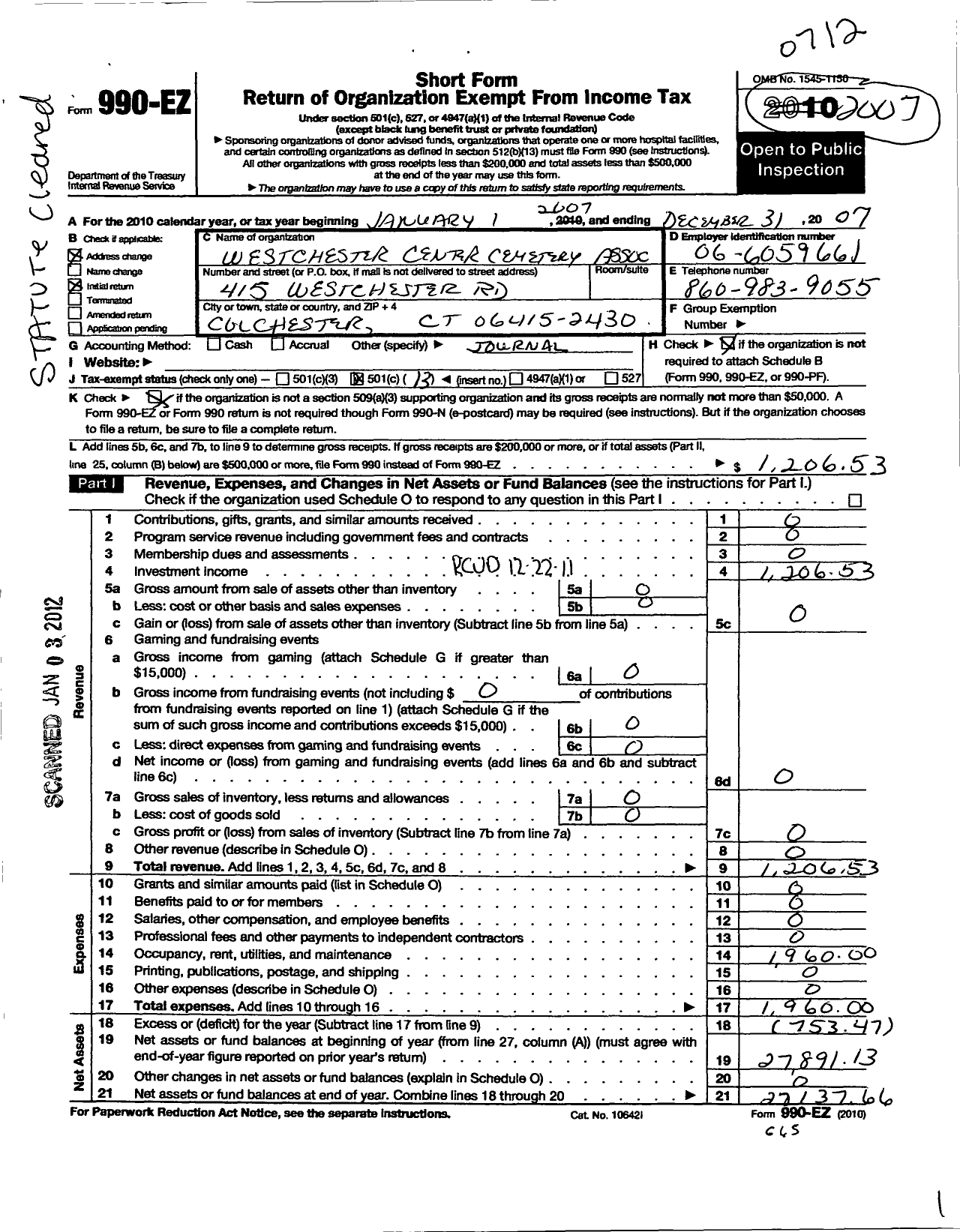 Image of first page of 2007 Form 990EO for Westchester Center Cemetery Association