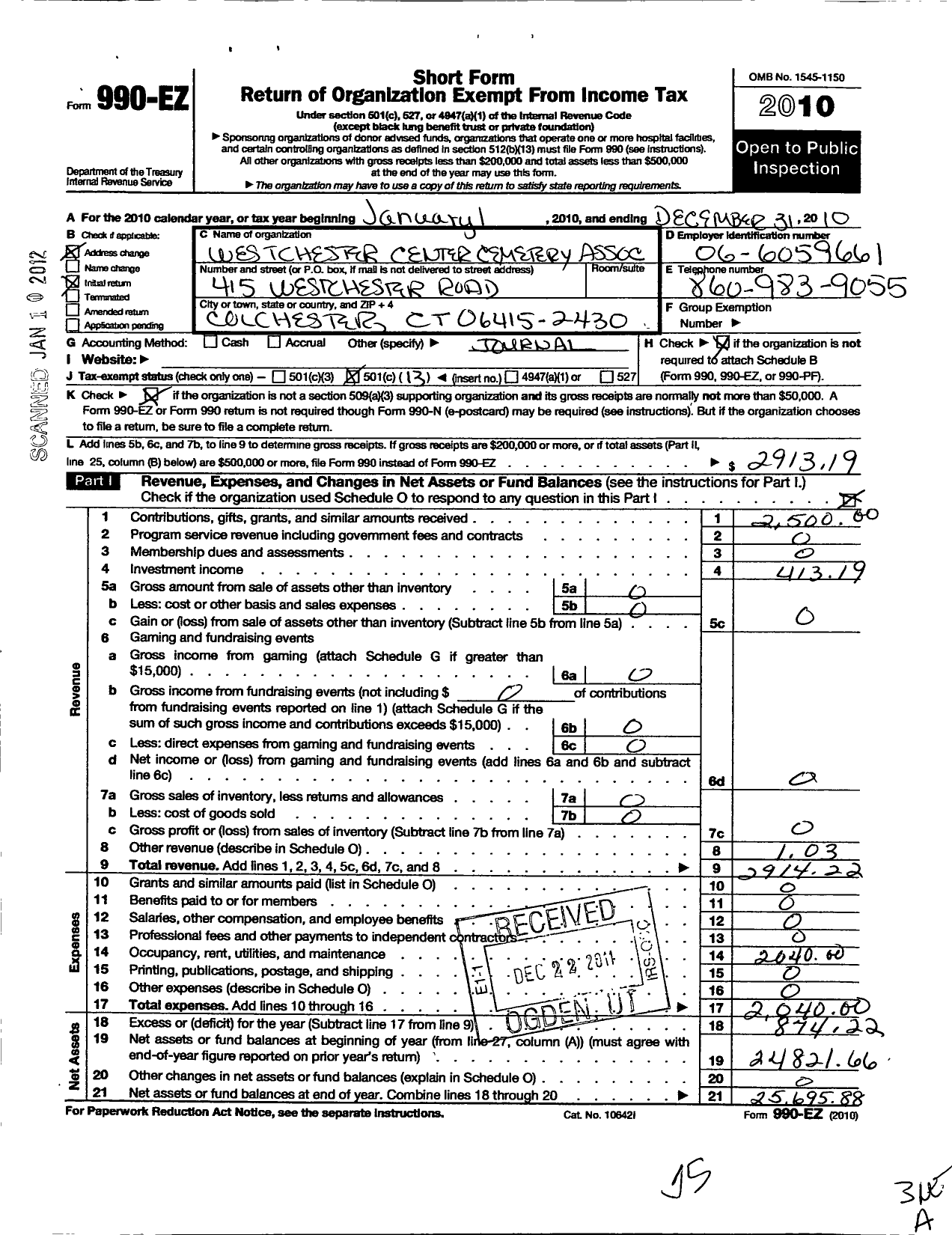 Image of first page of 2010 Form 990EO for Westchester Center Cemetery Association