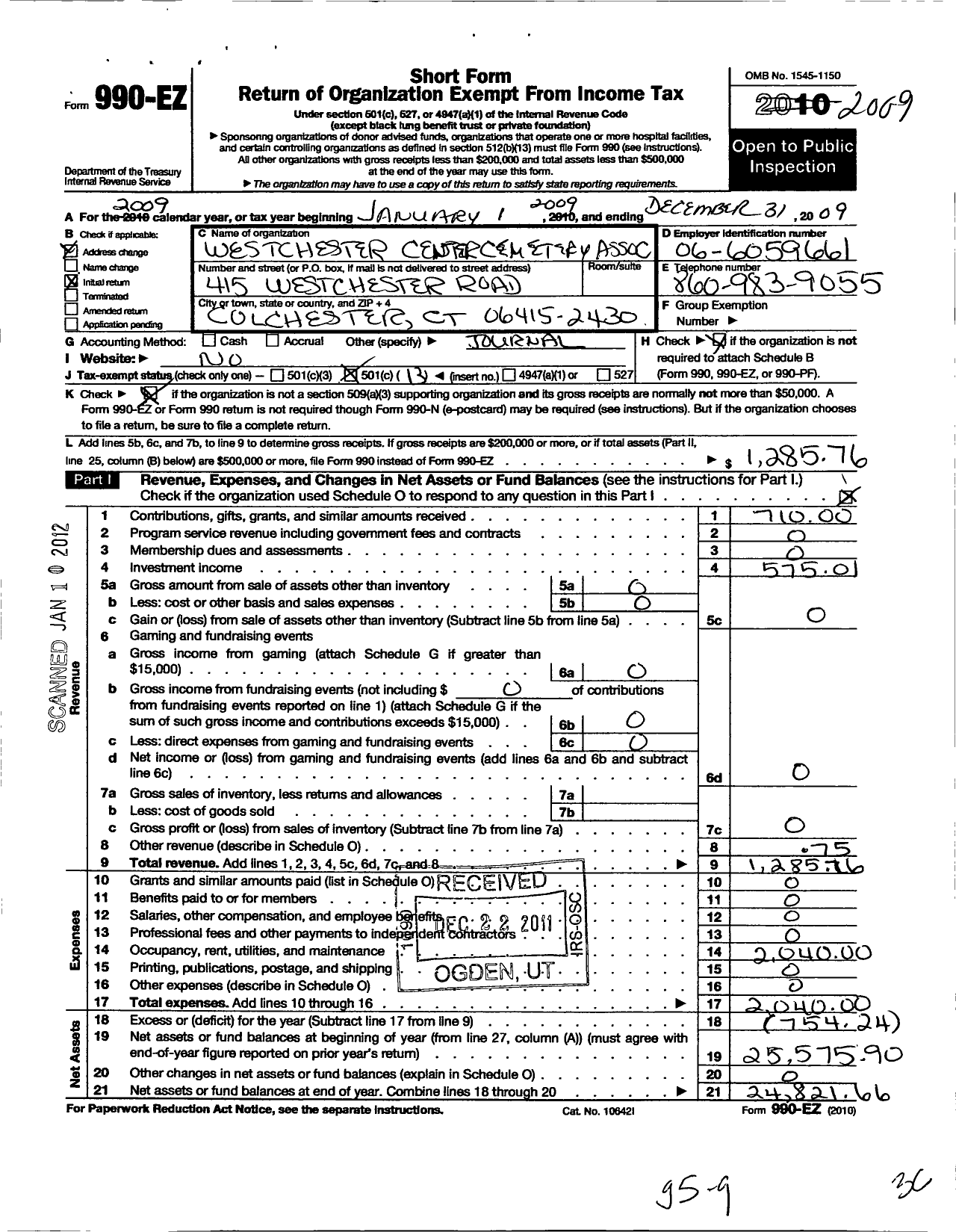 Image of first page of 2009 Form 990EO for Westchester Center Cemetery Association