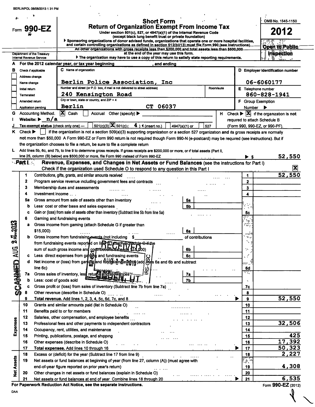 Image of first page of 2012 Form 990EO for Berlin Police Association