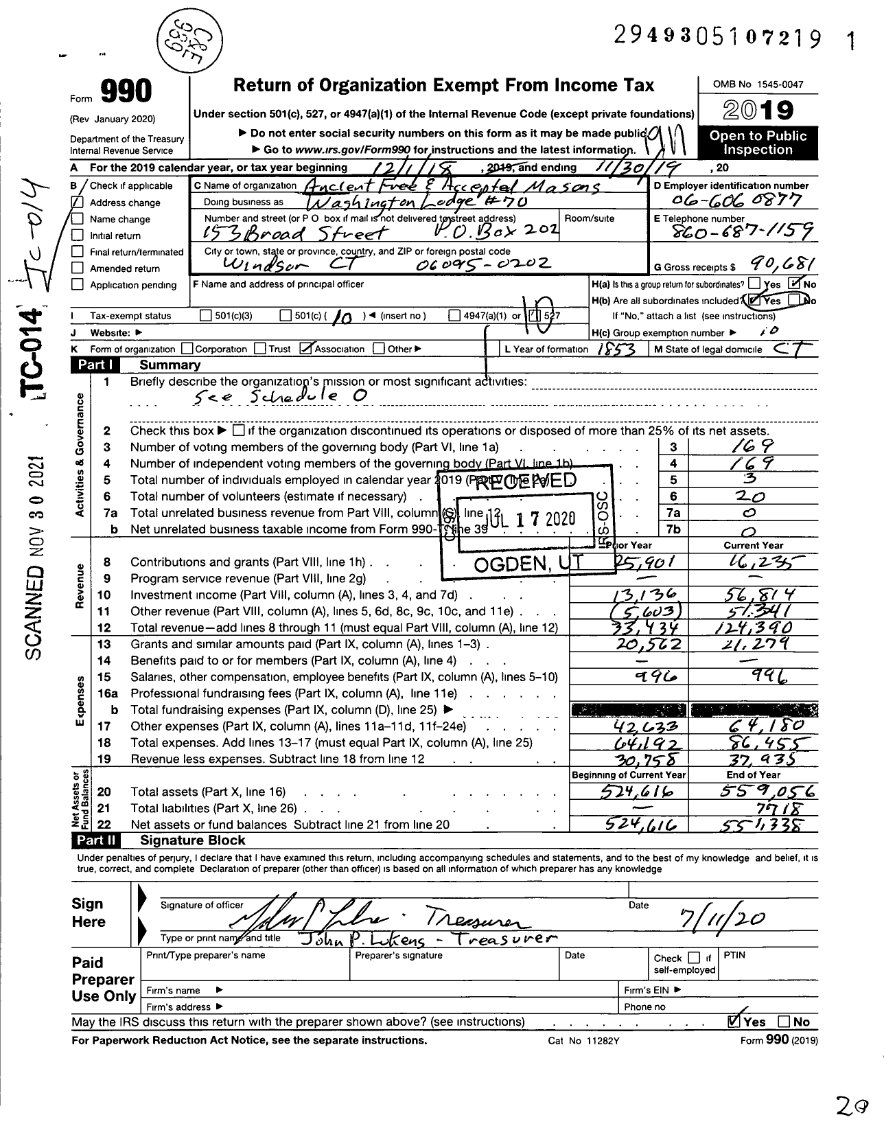 Image of first page of 2018 Form 990O for ANCIENT FREE and ACCEPTED MASONS OF CONNECTICUT - Washington Lodge No 70