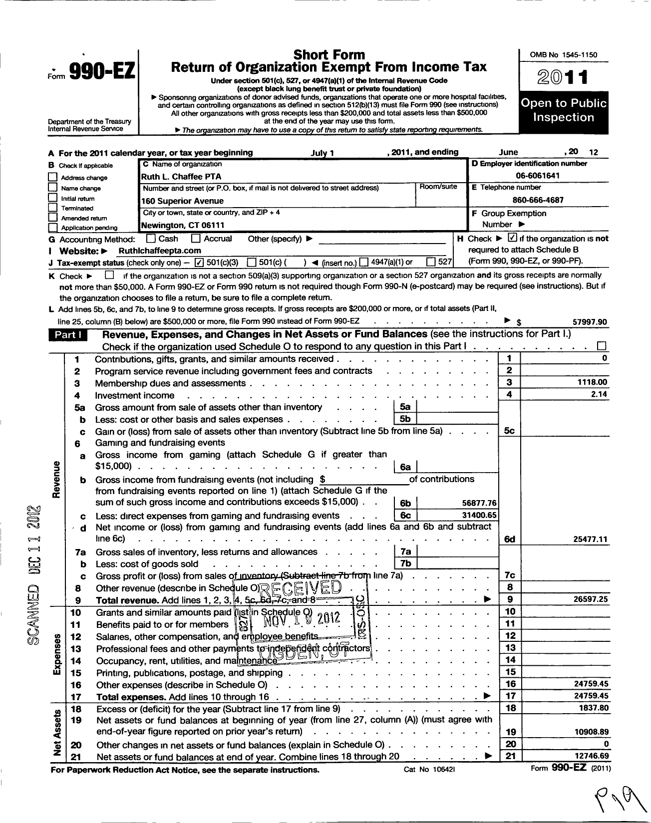 Image of first page of 2011 Form 990EZ for CT PTA - Ruth Chaffee PTA