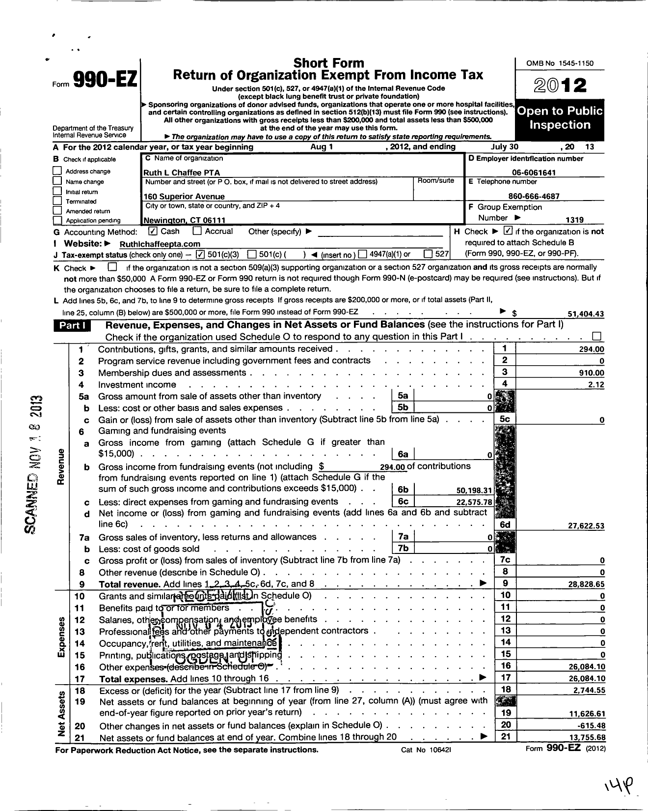 Image of first page of 2012 Form 990EZ for CT PTA - Ruth Chaffee PTA