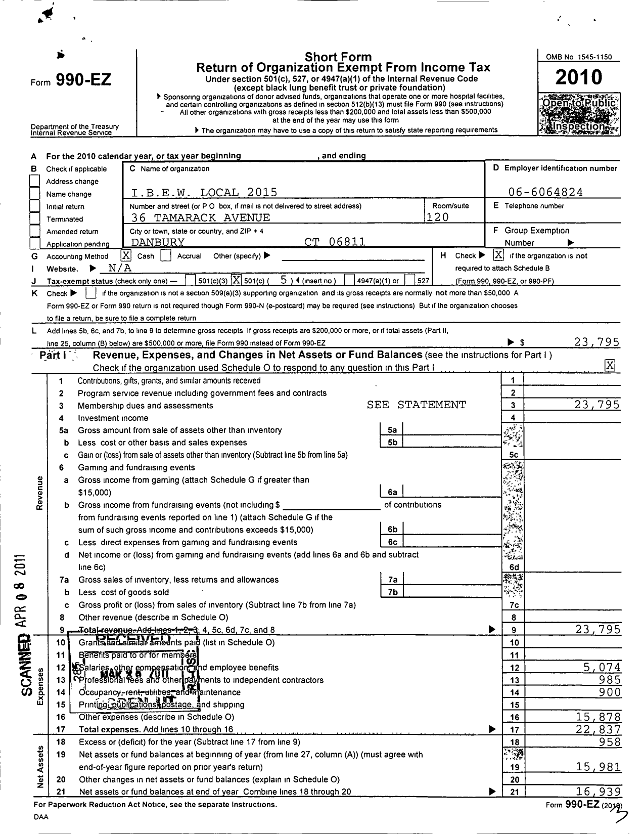 Image of first page of 2010 Form 990EO for International Brotherhood of Electrical Workers