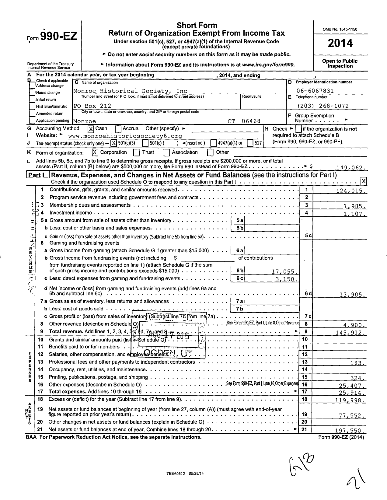 Image of first page of 2014 Form 990EZ for Monroe Historical Society Incorporated