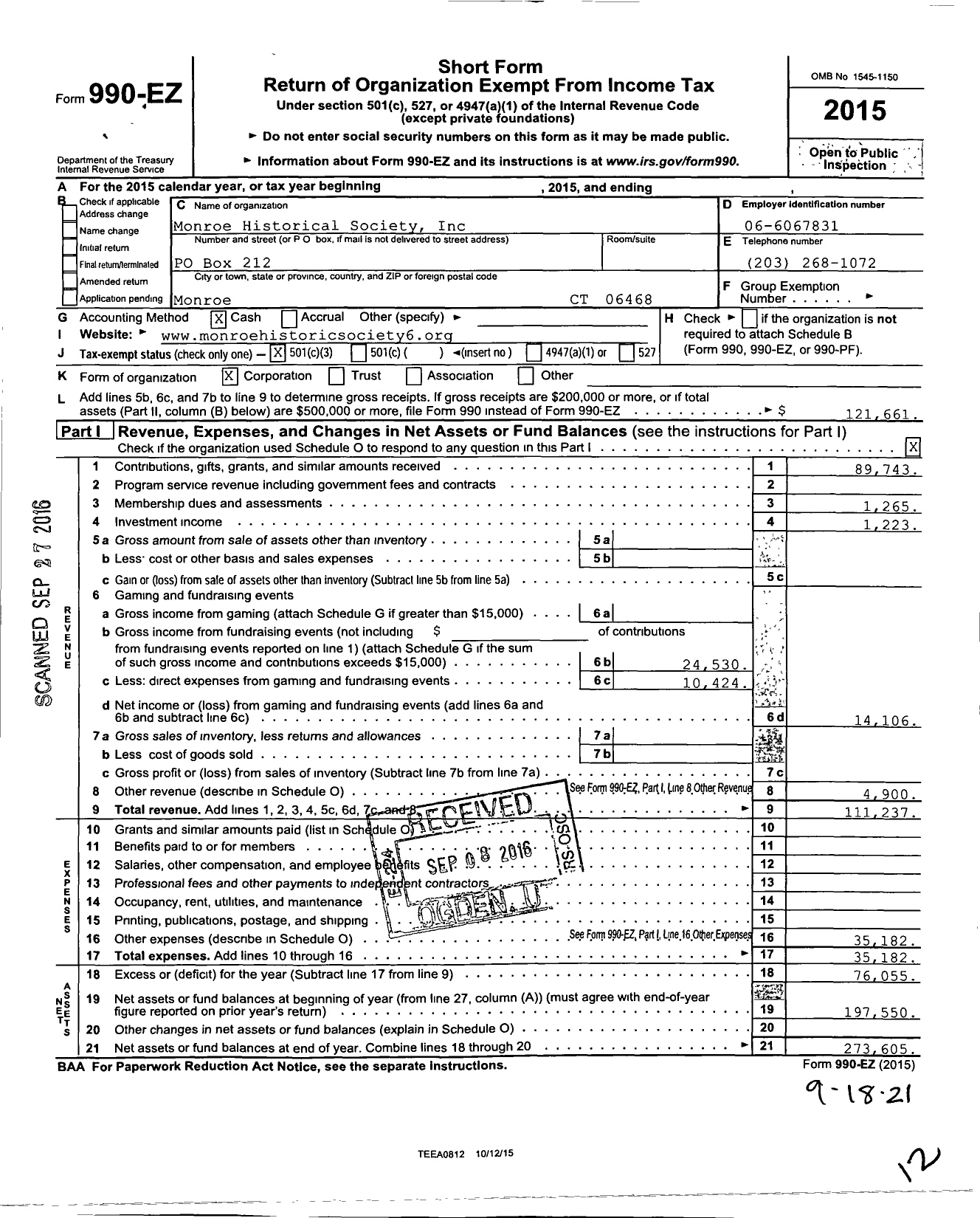 Image of first page of 2015 Form 990EZ for Monroe Historical Society Incorporated